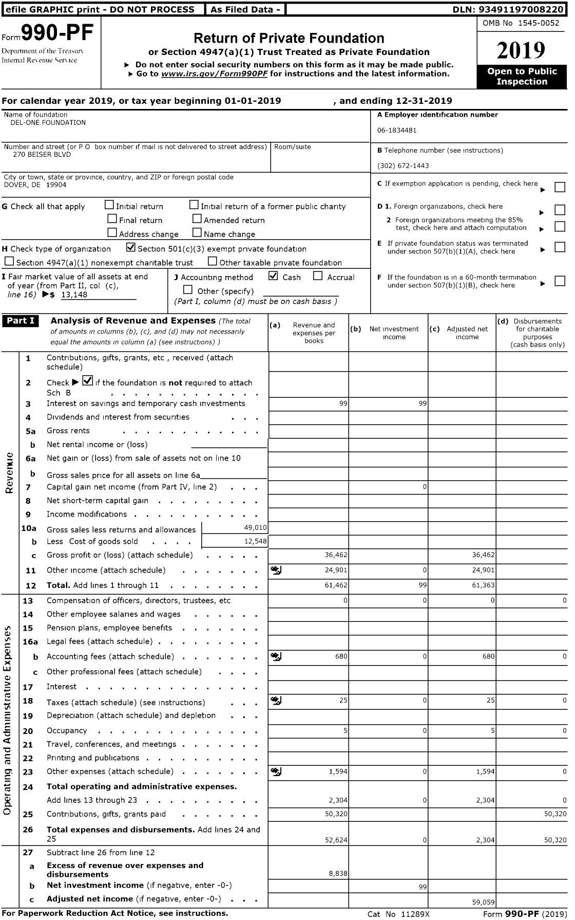 Image of first page of 2019 Form 990PR for Del-One Foundation