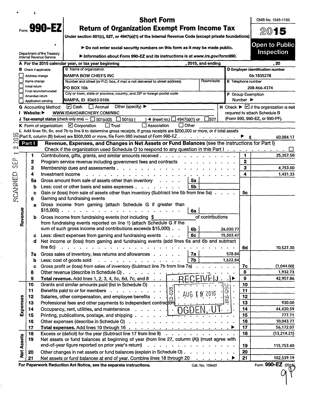 Image of first page of 2015 Form 990EO for Nampa Bow Chiefs