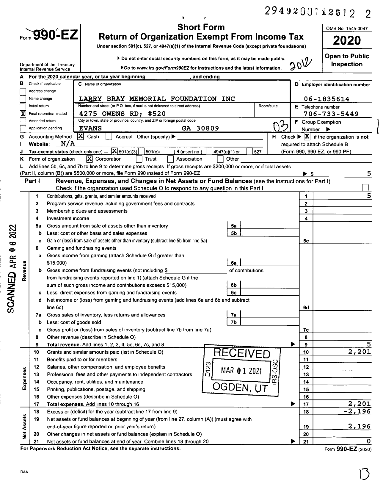 Image of first page of 2020 Form 990EZ for Larry Bray Memorial Foundation