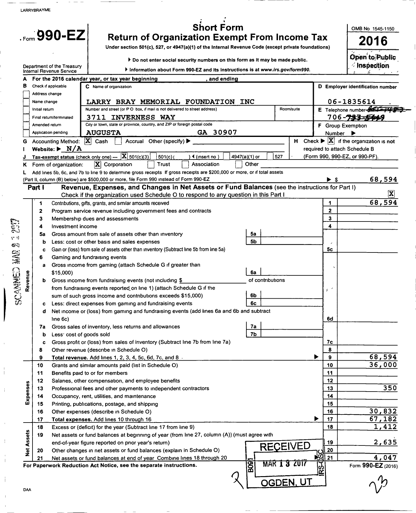 Image of first page of 2016 Form 990EZ for Larry Bray Memorial Foundation