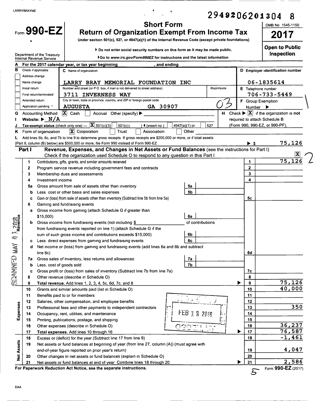 Image of first page of 2017 Form 990EZ for Larry Bray Memorial Foundation