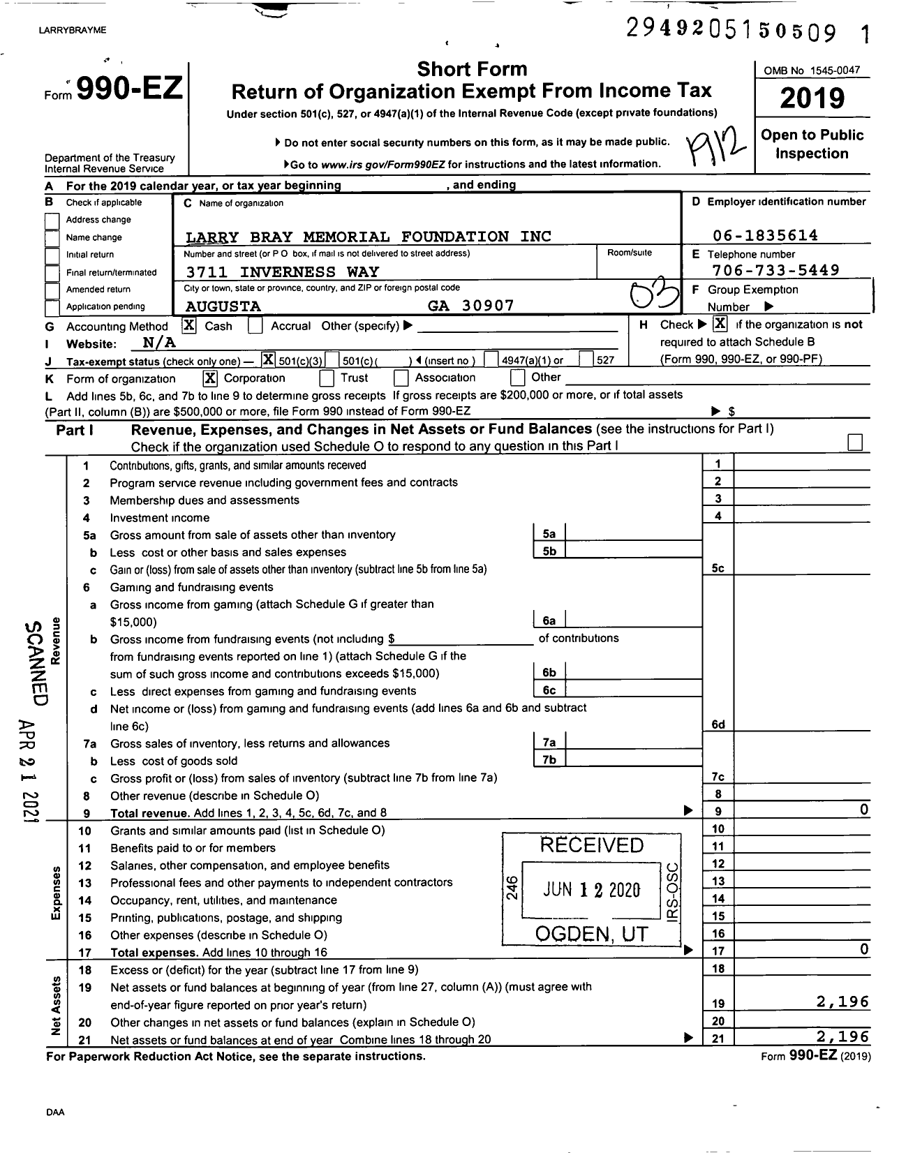 Image of first page of 2019 Form 990EZ for Larry Bray Memorial Foundation