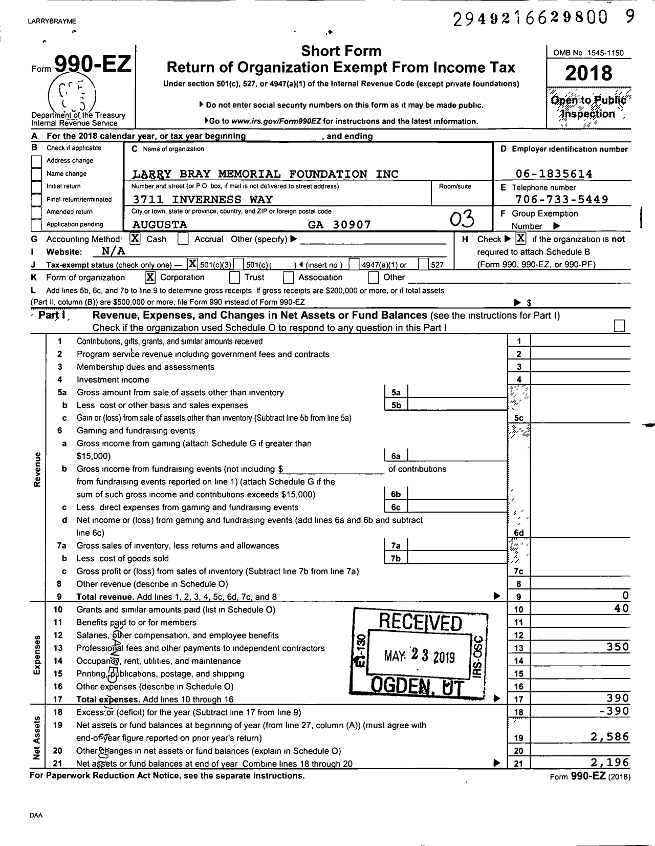 Image of first page of 2018 Form 990EZ for Larry Bray Memorial Foundation