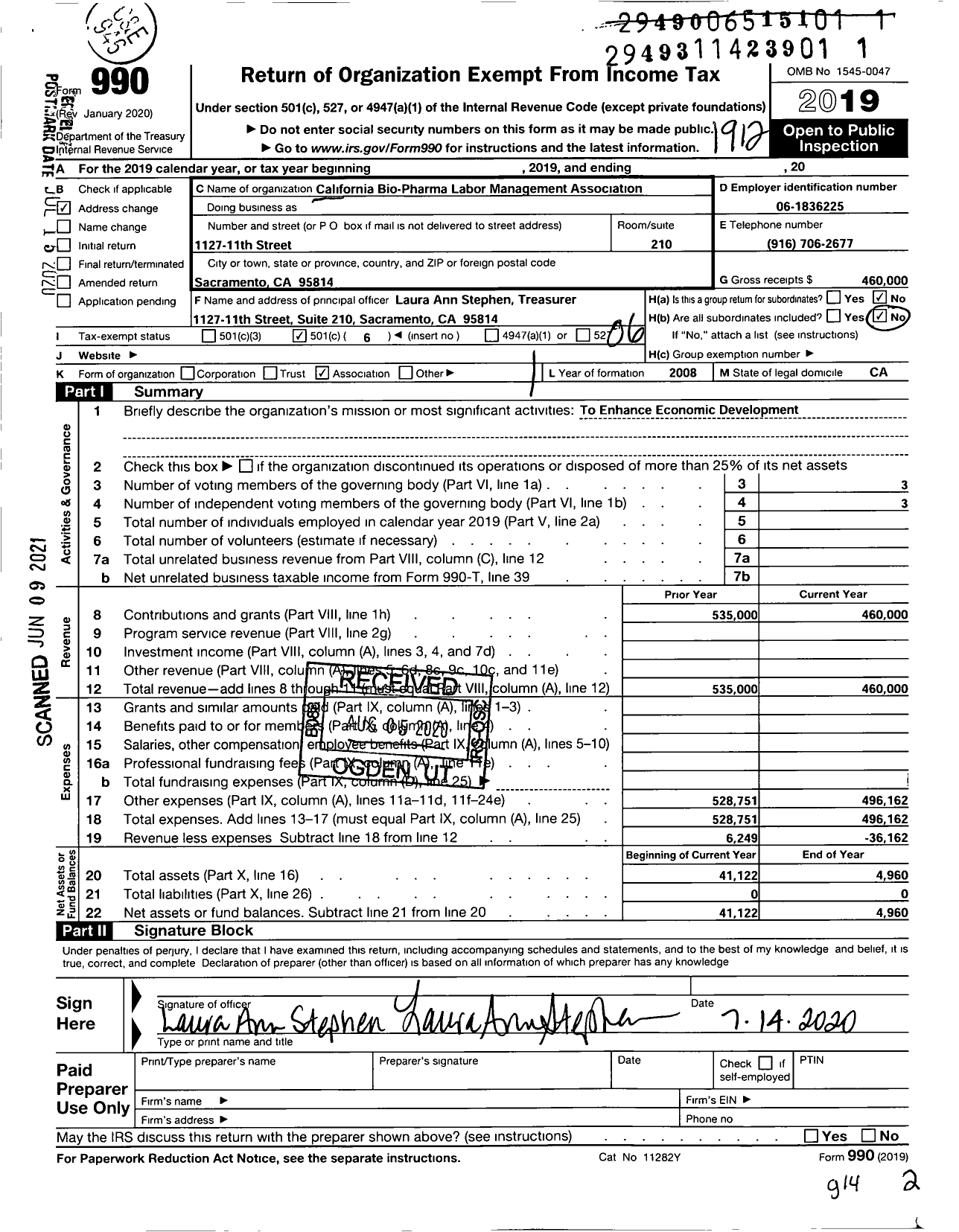 Image of first page of 2019 Form 990O for California Bio-Pharma Labor Management Association