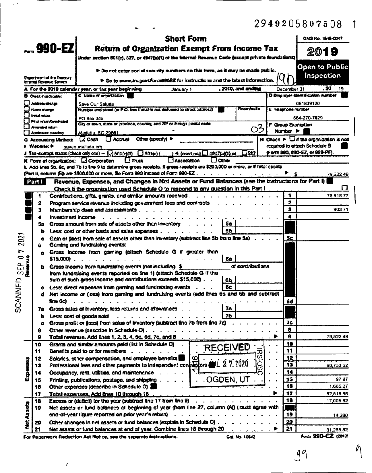 Image of first page of 2019 Form 990EZ for Save Our Saluda