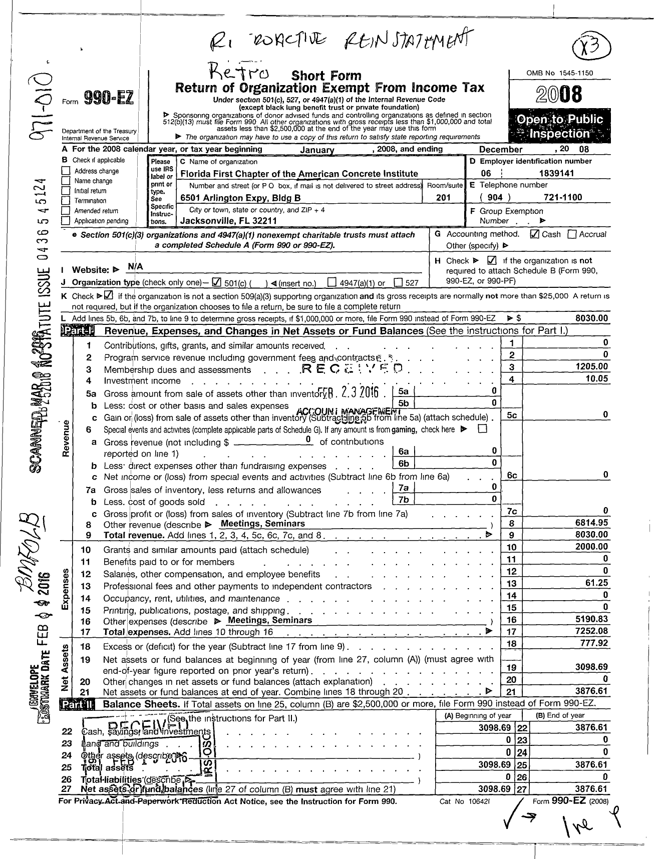 Image of first page of 2008 Form 990EO for American Concrete Institute / Florida First Coast Chapter