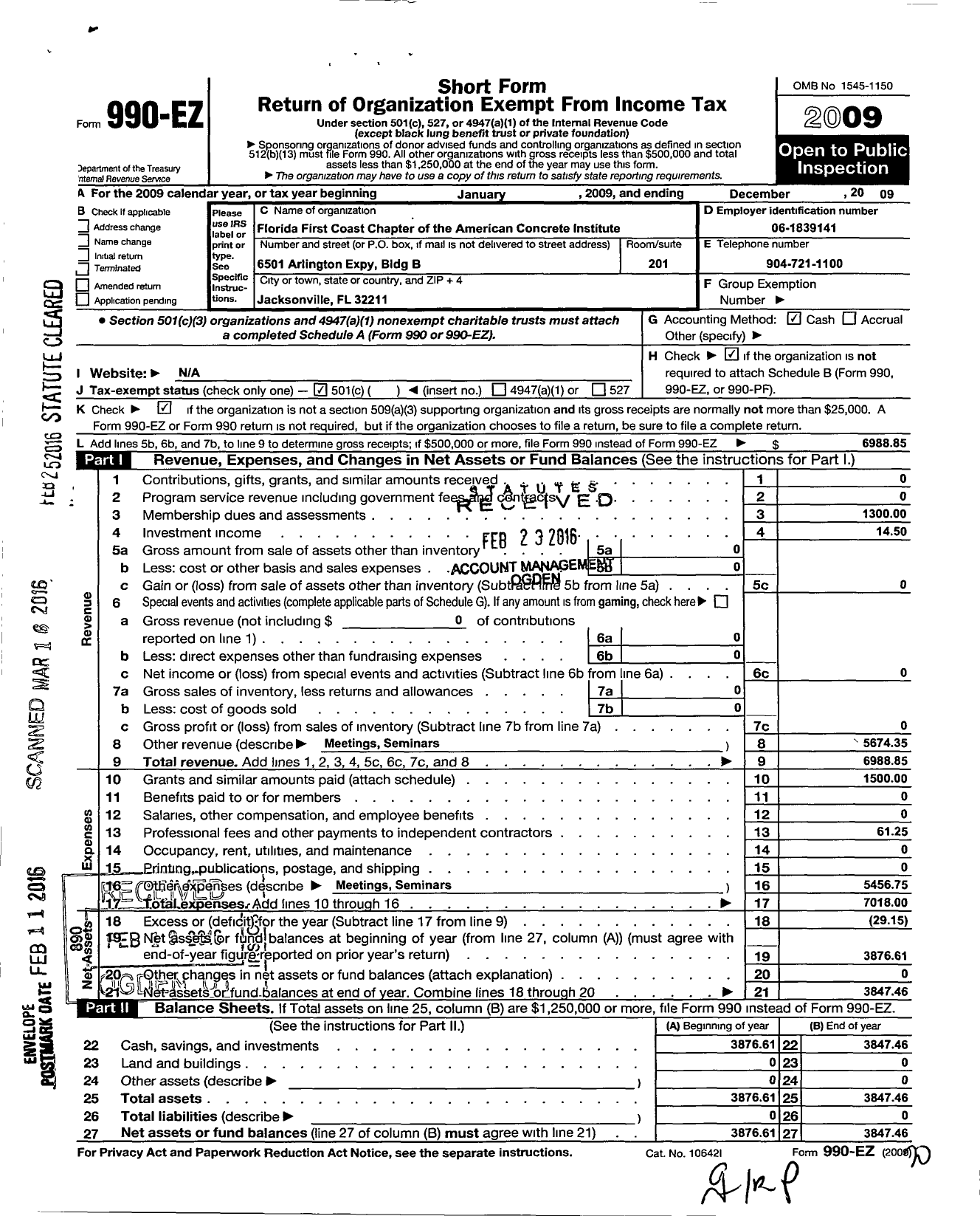 Image of first page of 2009 Form 990EO for American Concrete Institute / Florida First Coast Chapter