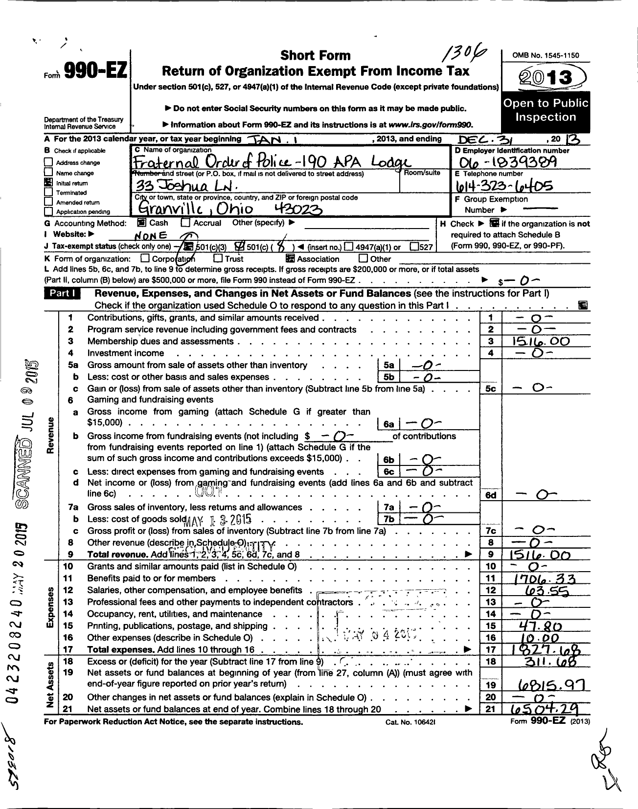 Image of first page of 2013 Form 990EO for Fraternal Order of Police - 190 A P A Lodge