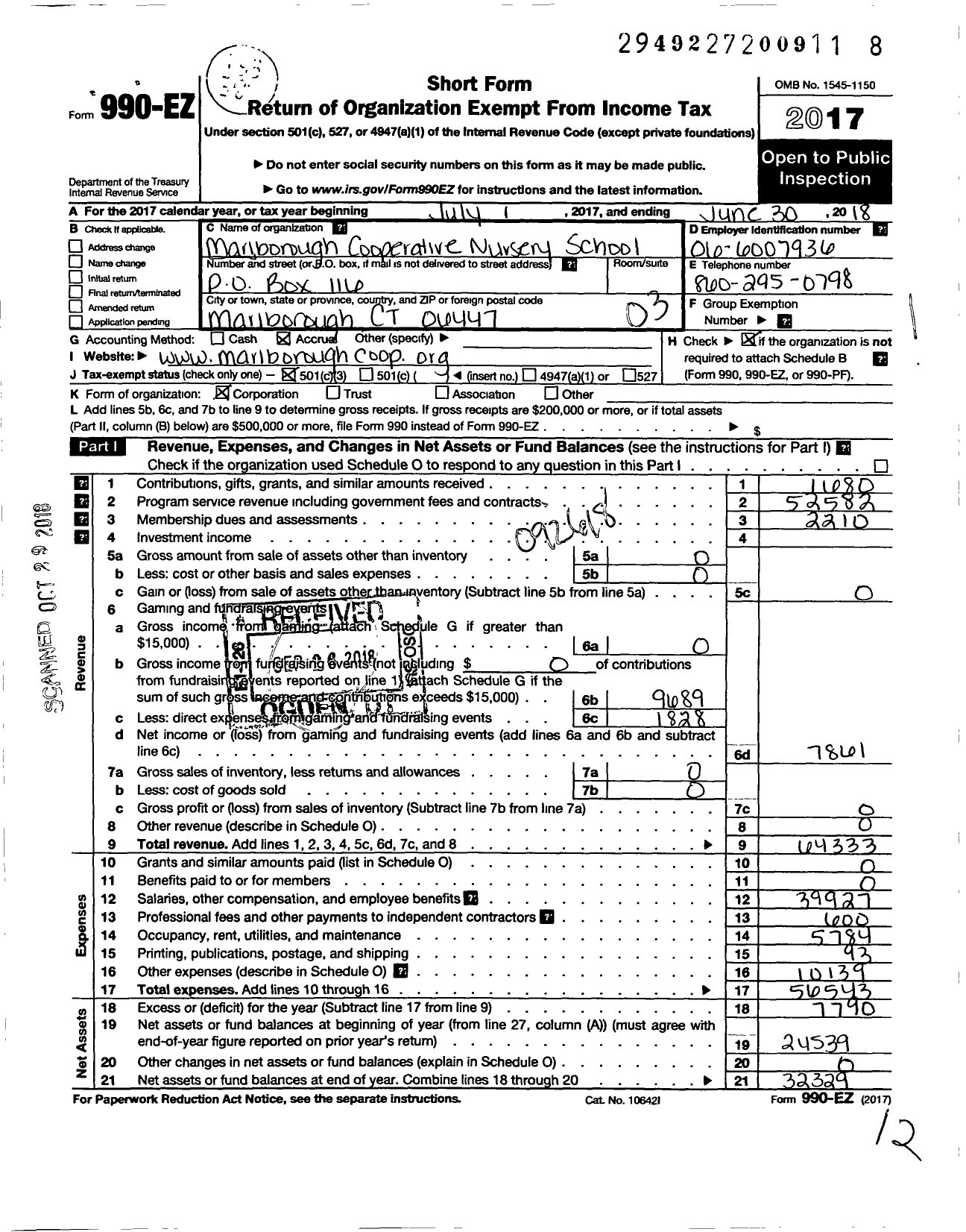 Image of first page of 2017 Form 990EZ for Marlborough Cooperative Nursery School