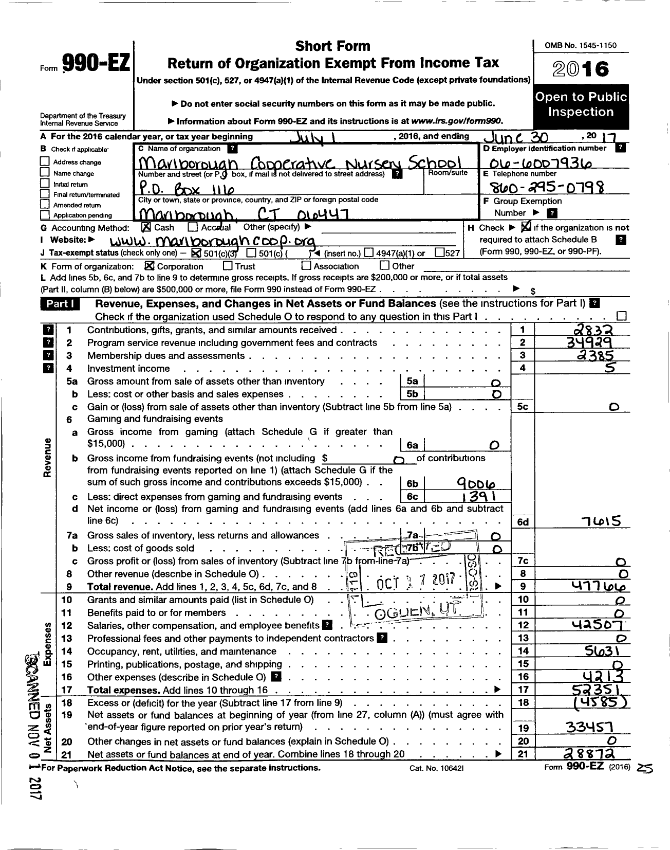 Image of first page of 2016 Form 990EZ for Marlborough Cooperative Nursery School