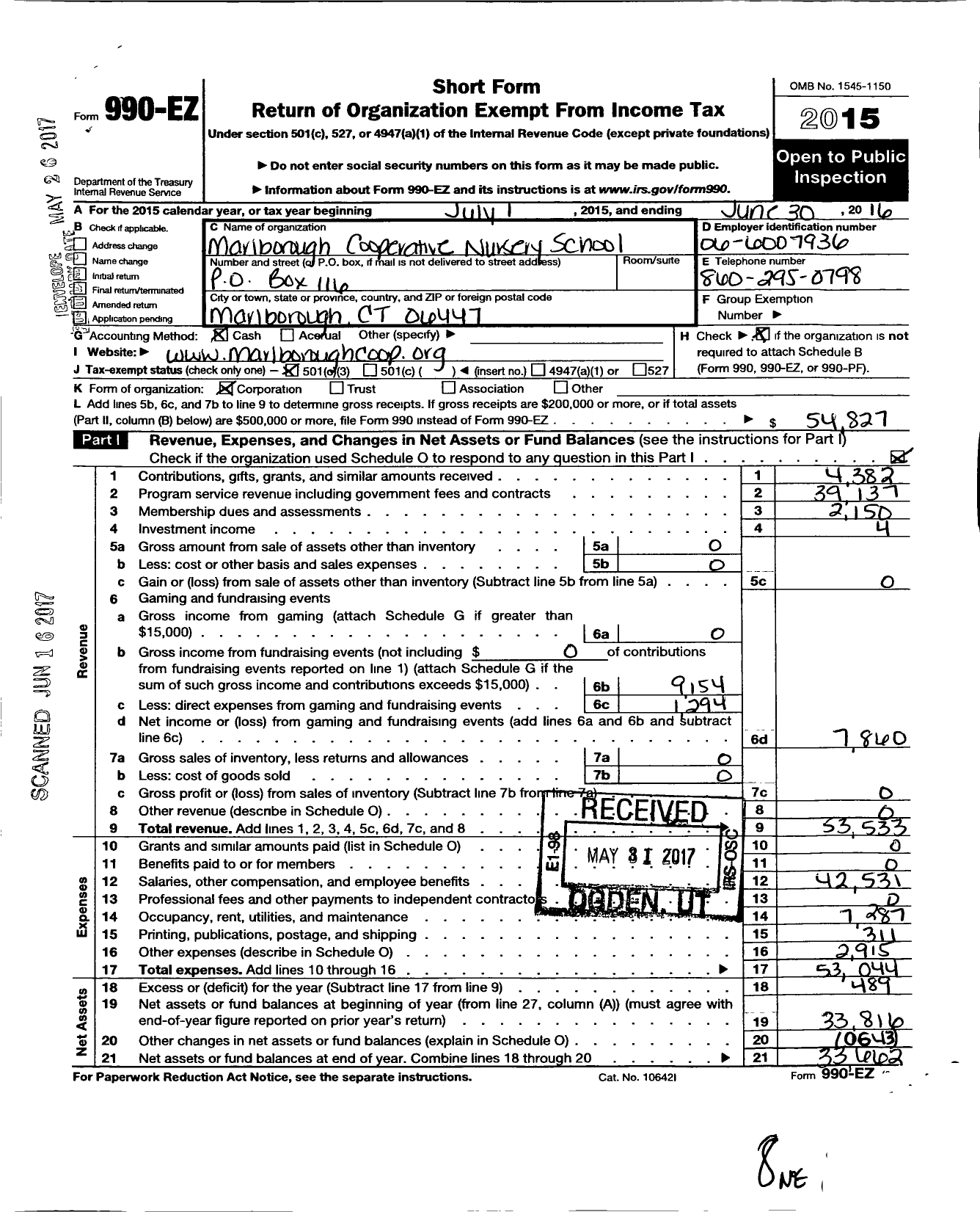 Image of first page of 2015 Form 990EZ for Marlborough Cooperative Nursery School