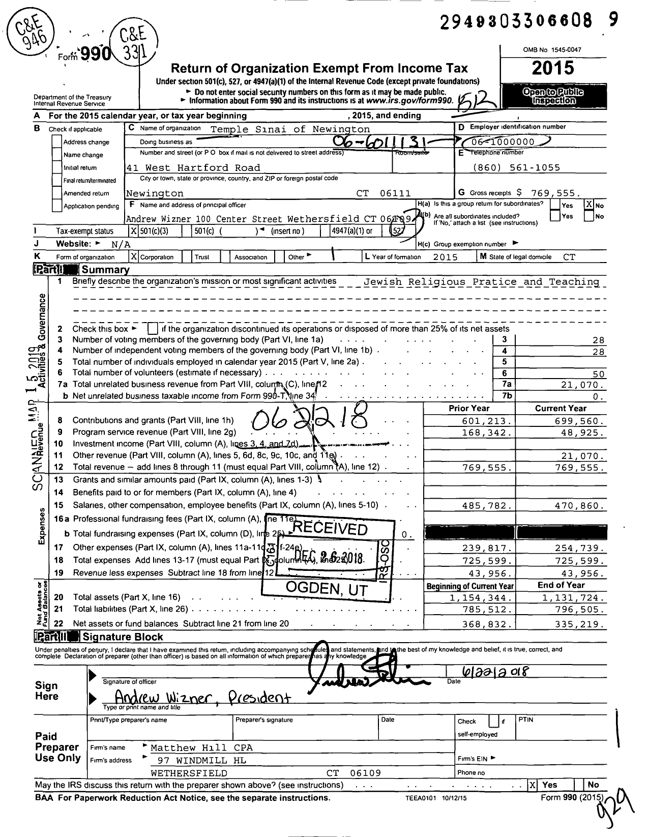 Image of first page of 2015 Form 990 for Temple Sinai of Newington