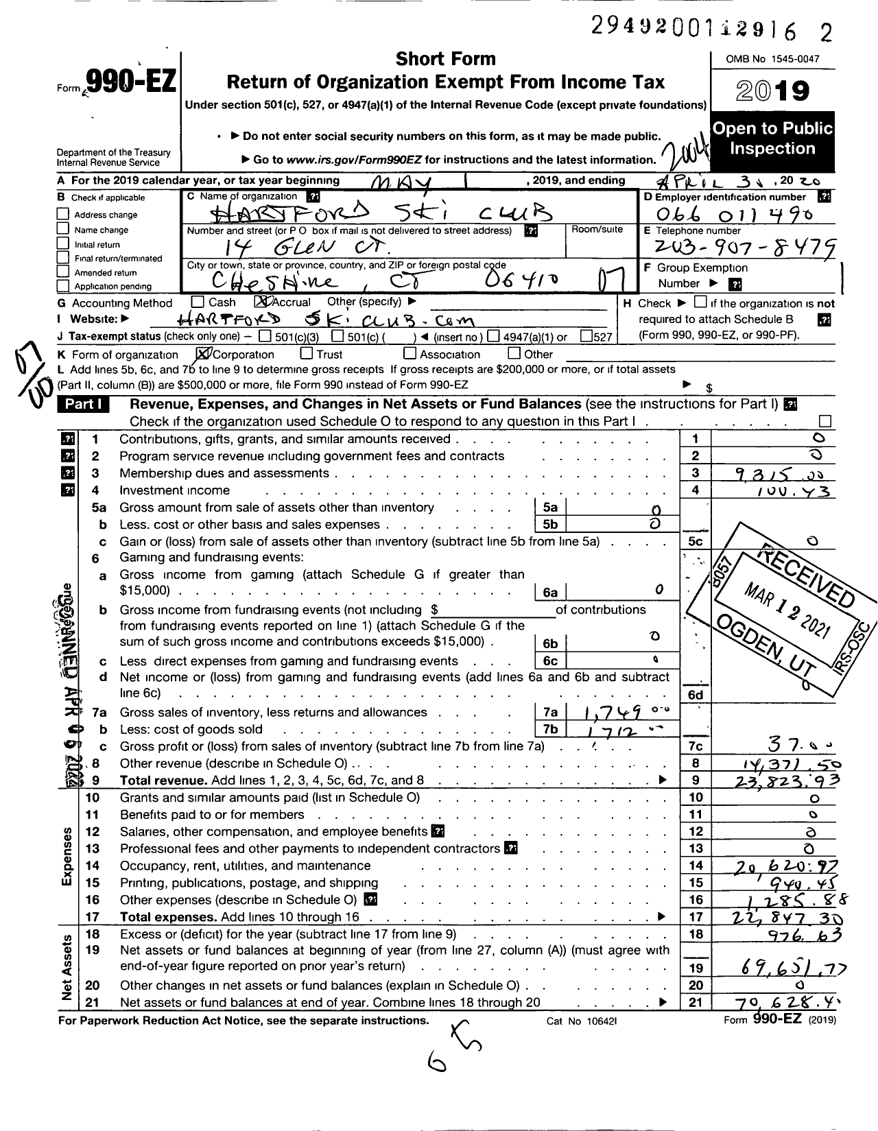 Image of first page of 2019 Form 990EO for Hartford Ski Club