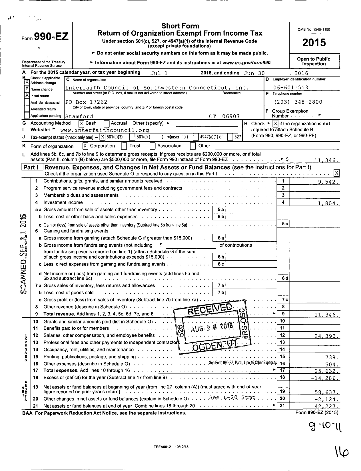 Image of first page of 2015 Form 990EZ for Interfaith Council of Southwestern Connecticut