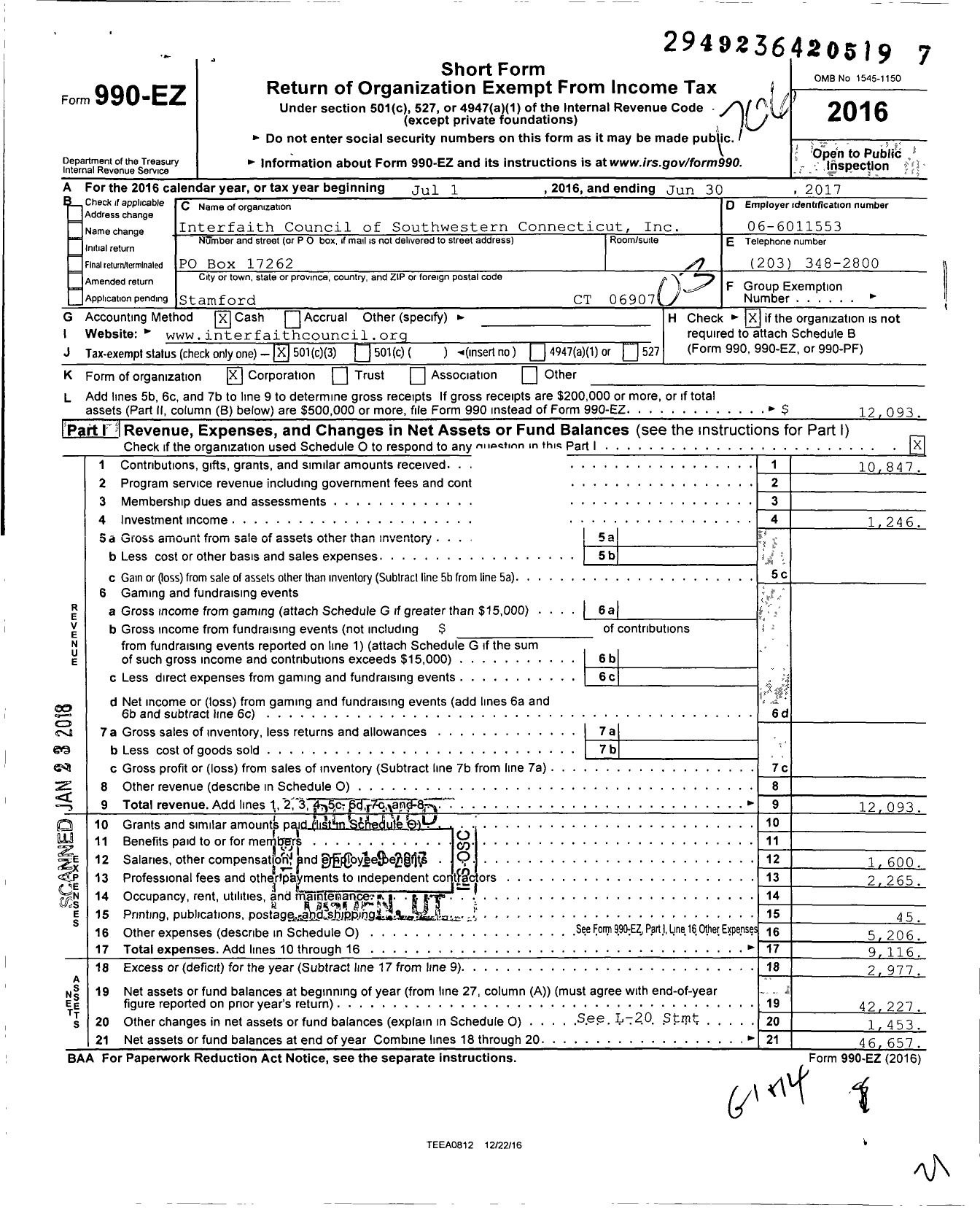 Image of first page of 2016 Form 990EZ for Interfaith Council of Southwestern Connecticut