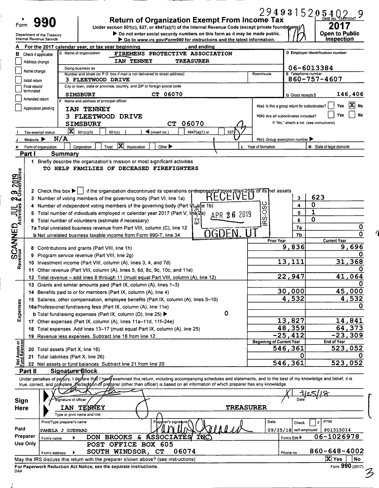 Image of first page of 2017 Form 990 for Firemens Protective Association Darius Ledas