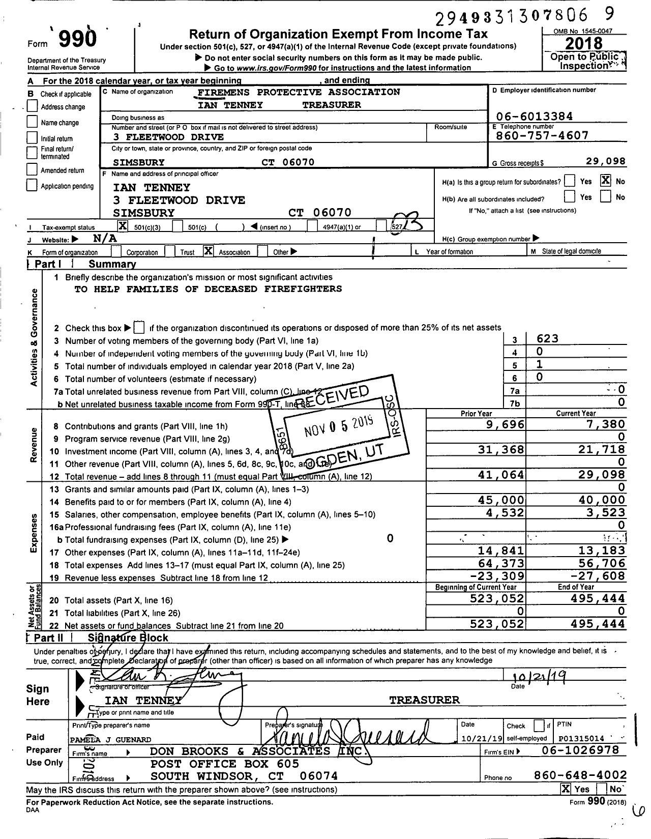 Image of first page of 2018 Form 990 for Firemens Protective Association Darius Ledas