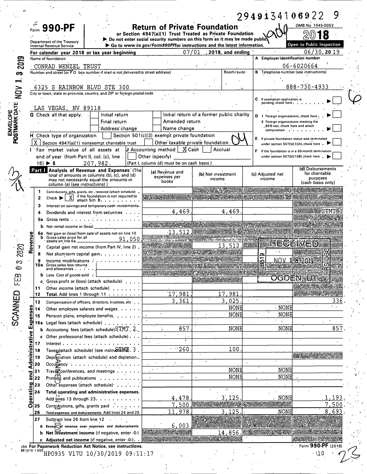 Image of first page of 2018 Form 990PF for Conrad Wenzel Trust