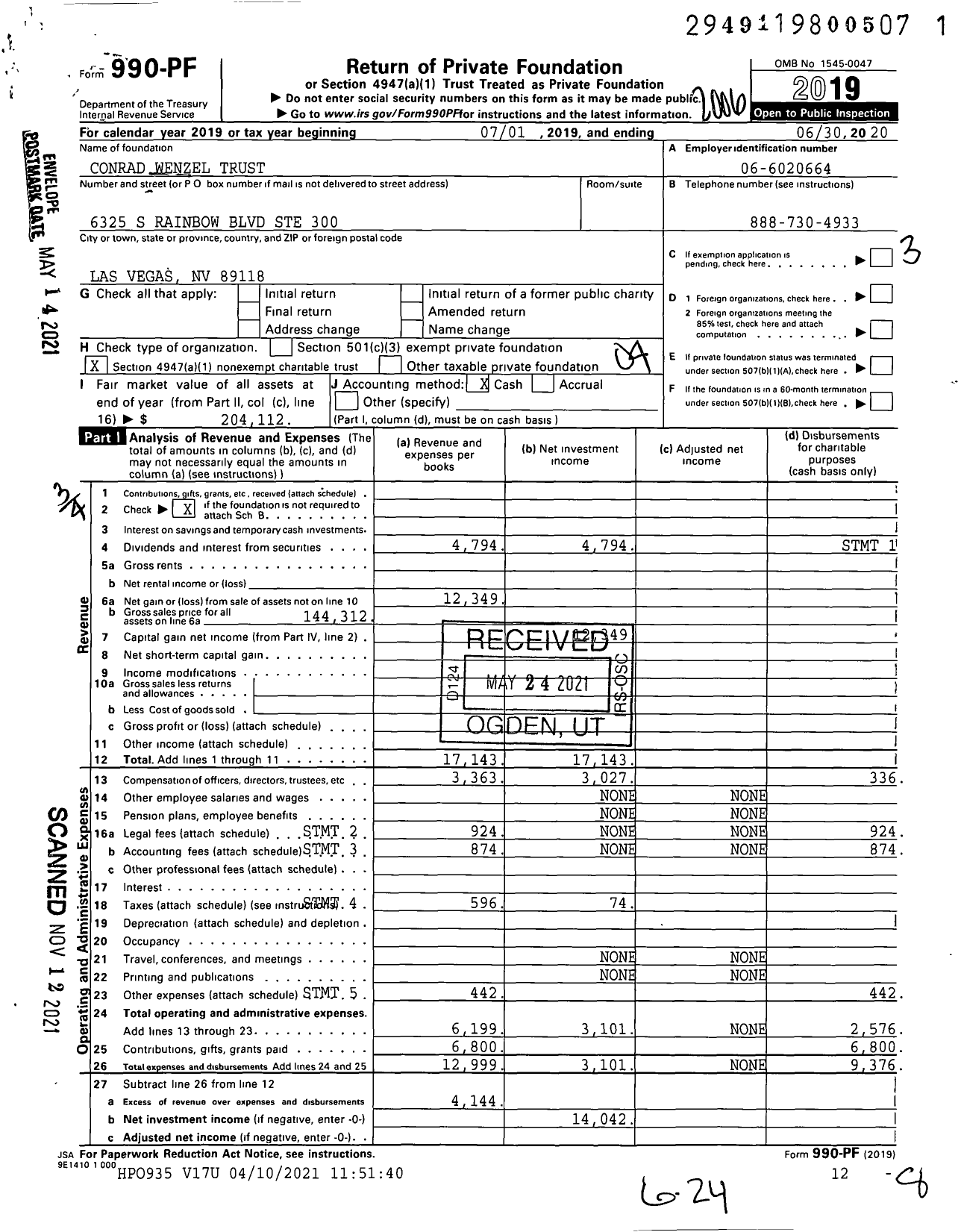 Image of first page of 2019 Form 990PF for Conrad Wenzel Trust