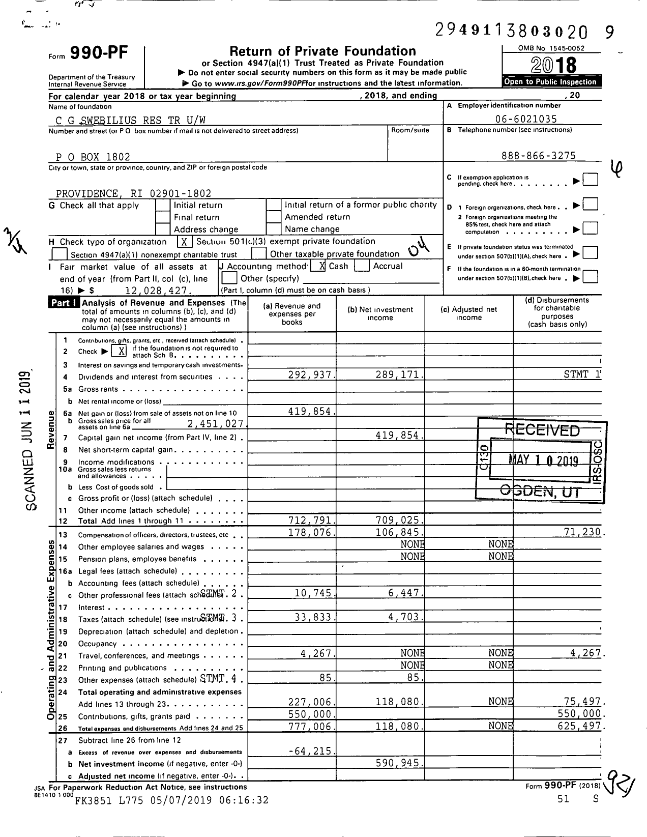 Image of first page of 2018 Form 990PF for C G Swebilius Res TR Uw