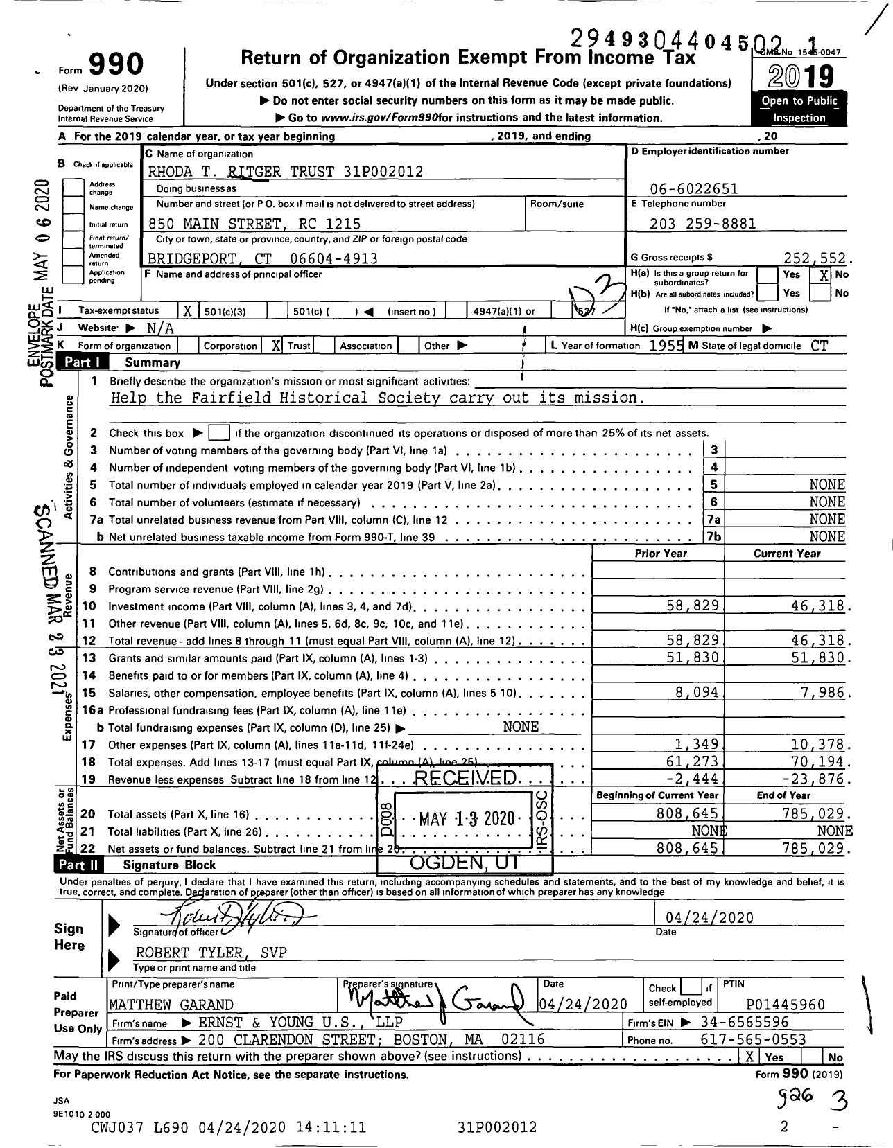 Image of first page of 2019 Form 990 for Rhoda T Ritger Trust