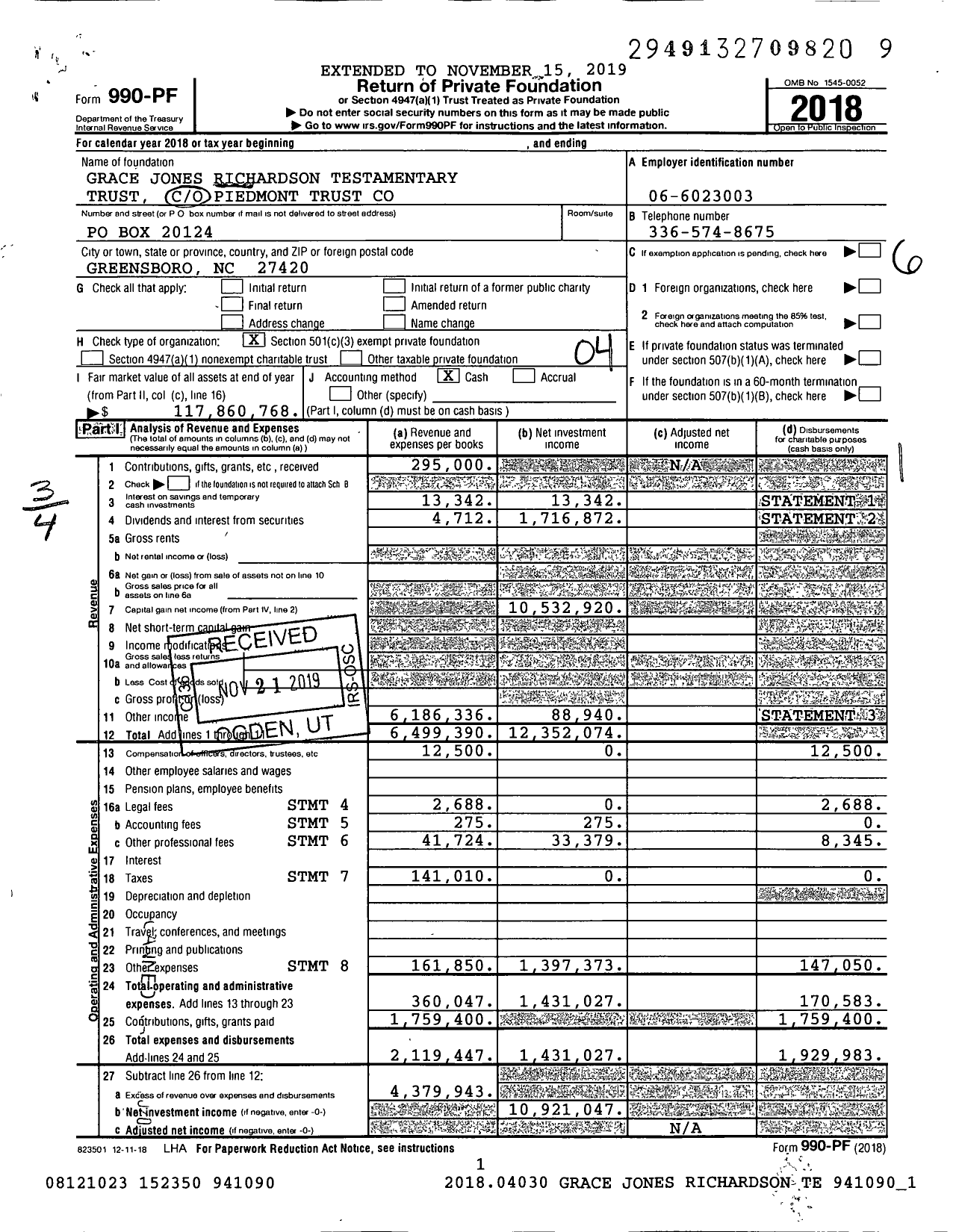 Image of first page of 2018 Form 990PF for Grace Jones Richardson Testamentary Trust