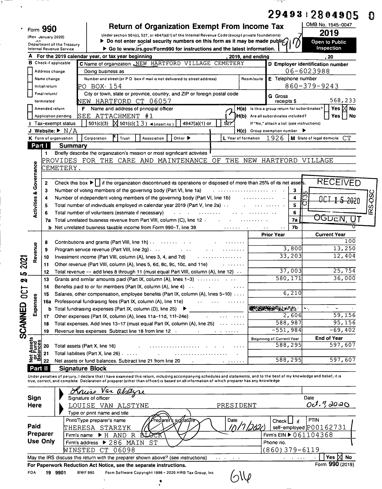 Image of first page of 2019 Form 990O for New Hartford Village Cemetery