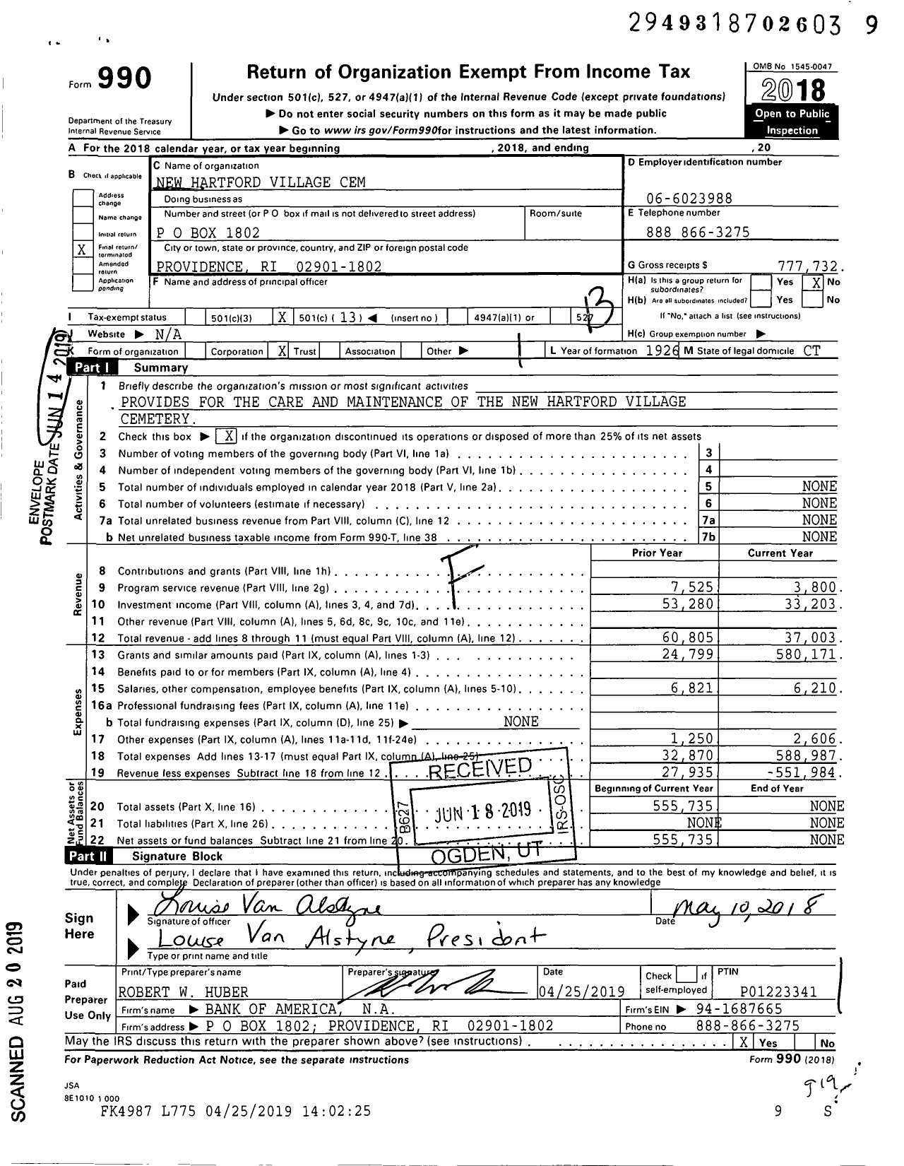 Image of first page of 2018 Form 990O for New Hartford Village Cemetery