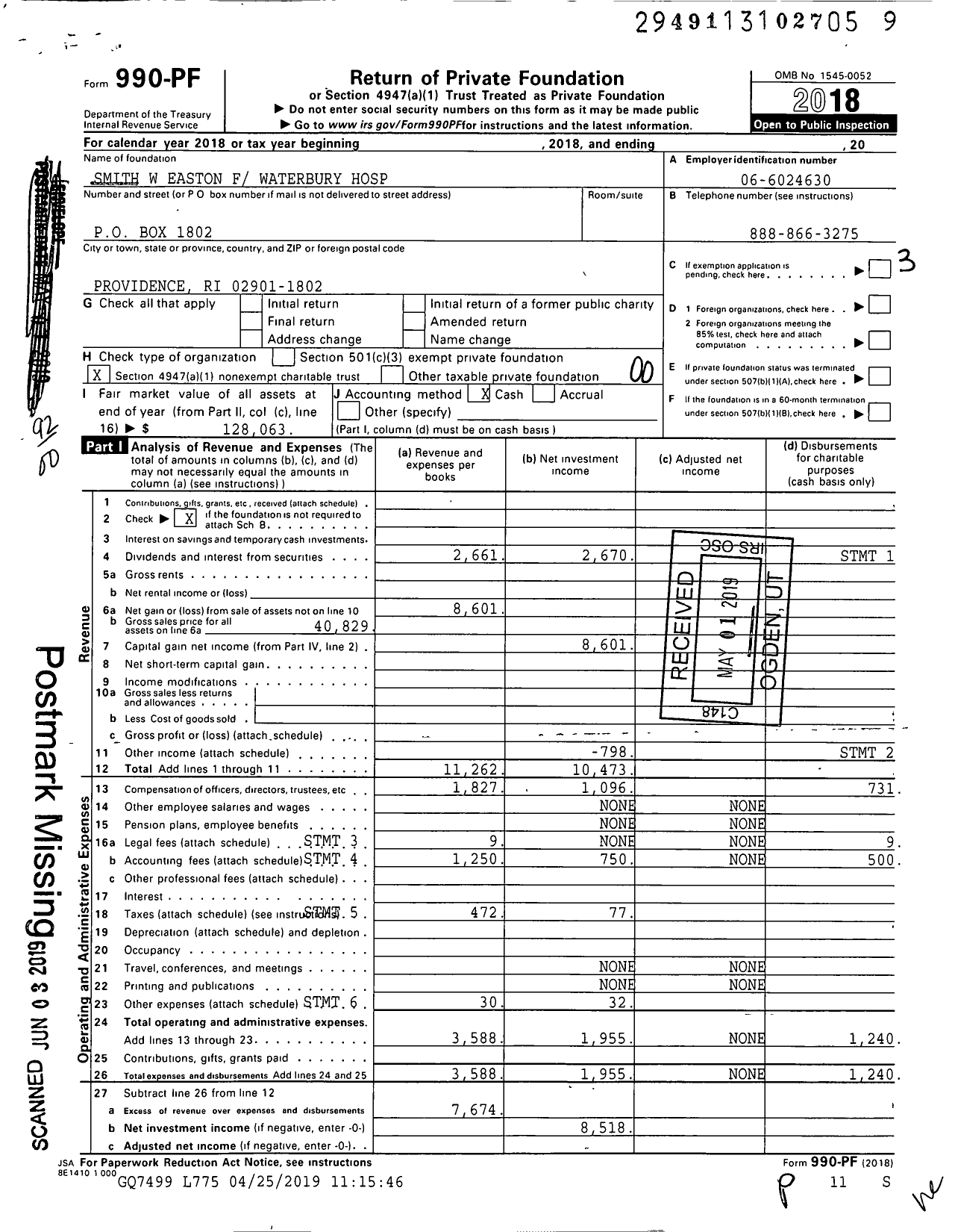 Image of first page of 2018 Form 990PF for Smith W Easton F Waterbury Hospital