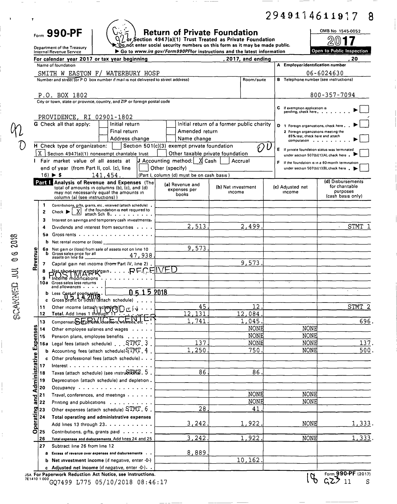 Image of first page of 2017 Form 990PF for Smith W Easton F Waterbury Hospital