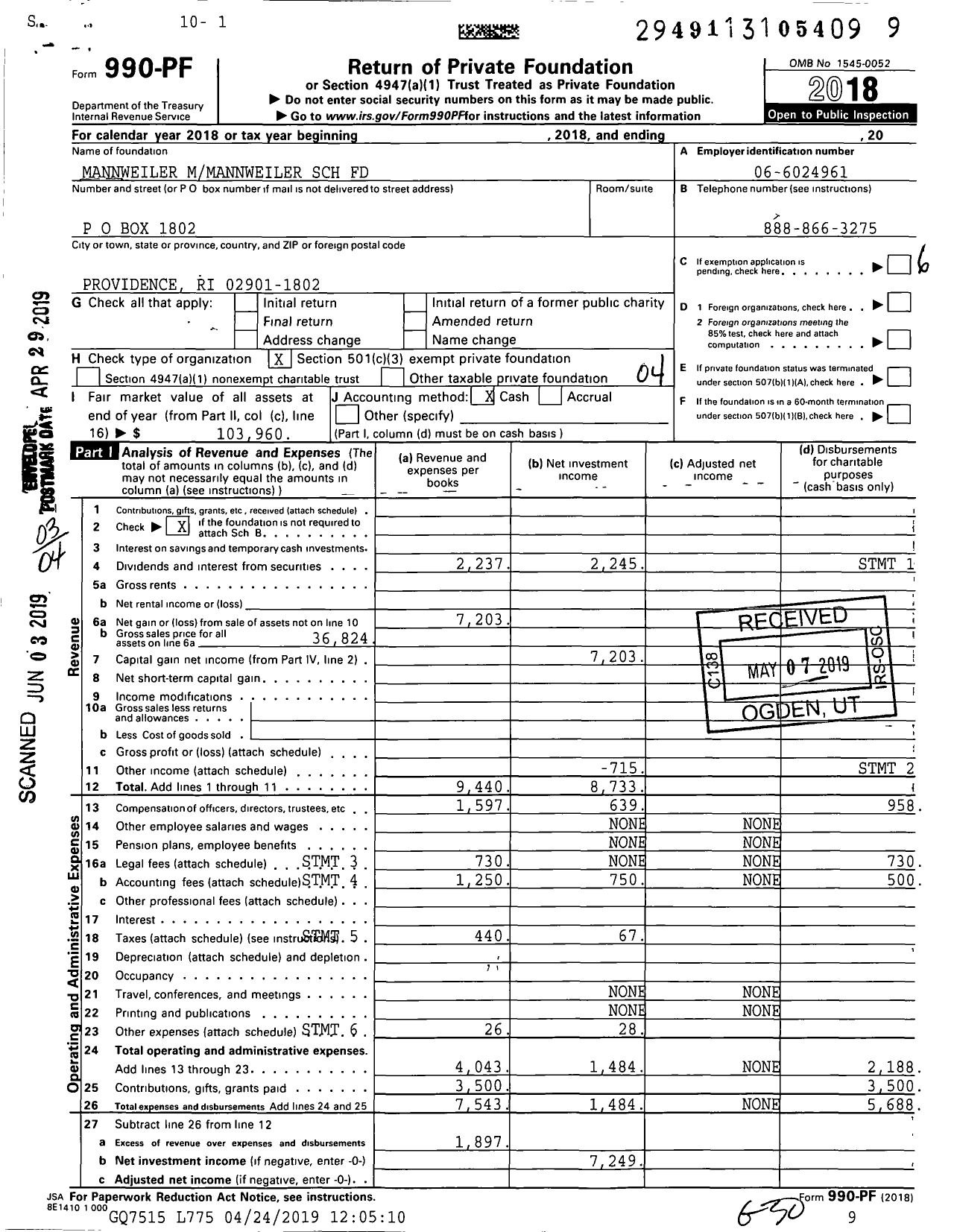 Image of first page of 2018 Form 990PF for Mannweiler Mmannweiler SCH Fund