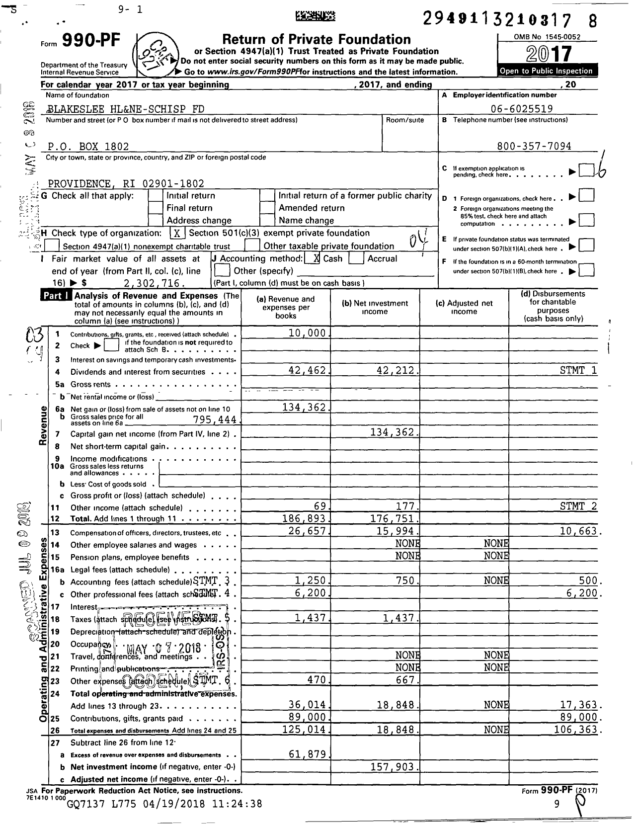 Image of first page of 2017 Form 990PF for Blakeslee Hl&Ne-Schisp Fund