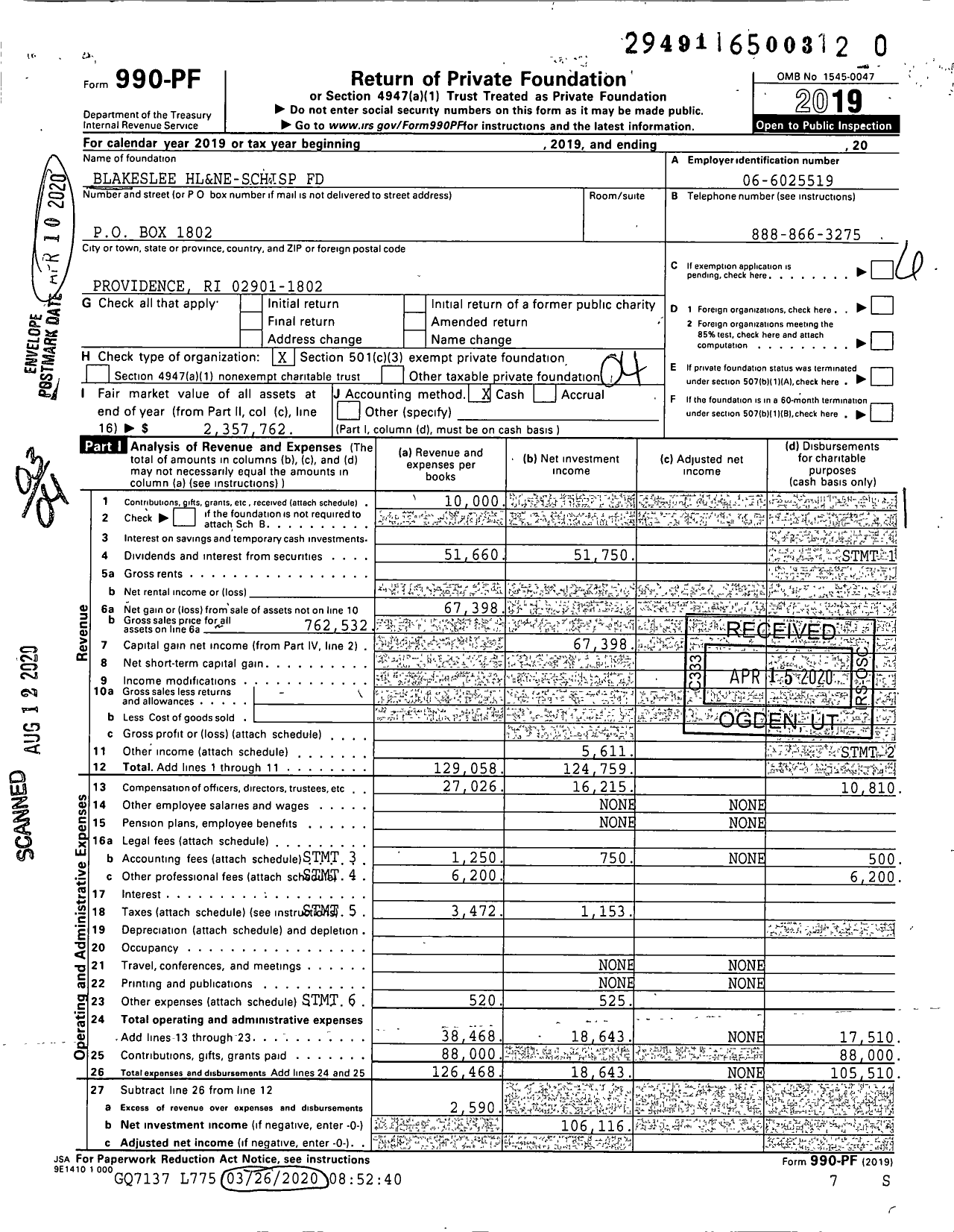 Image of first page of 2019 Form 990PR for Blakeslee Hl&Ne-Schisp Fund