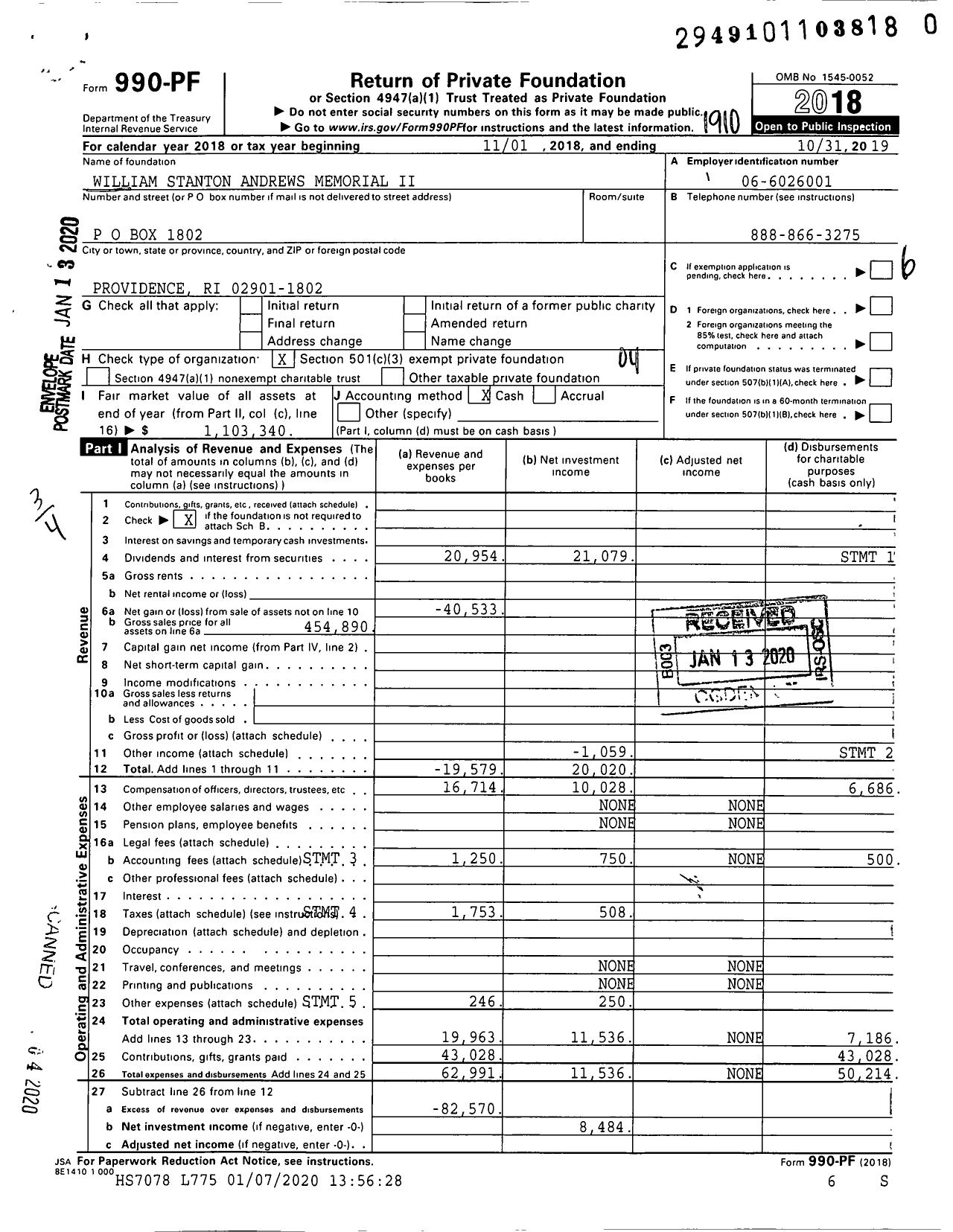 Image of first page of 2018 Form 990PR for William Stanton Andrews Memorial Ii