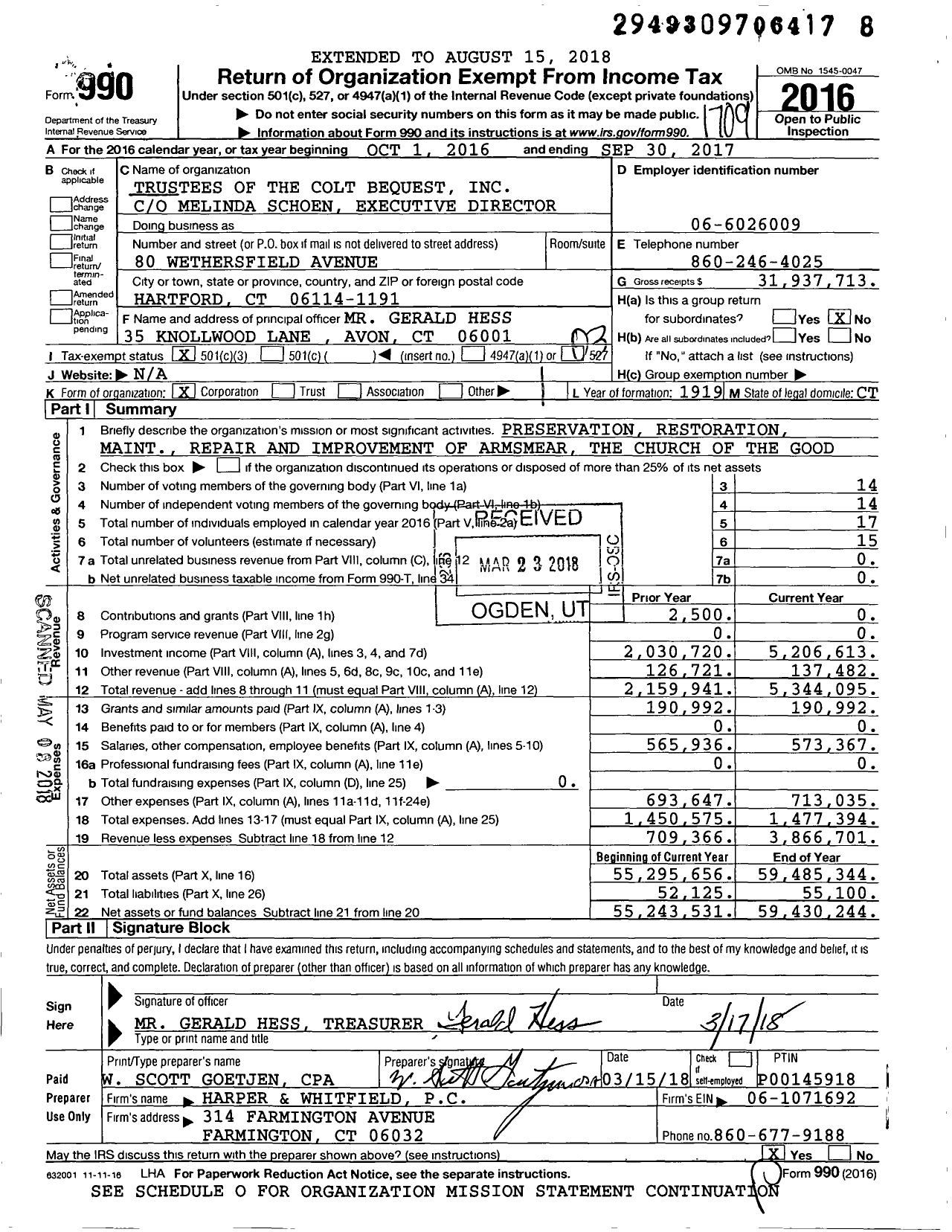 Image of first page of 2016 Form 990 for Trustees of Colt Bequest