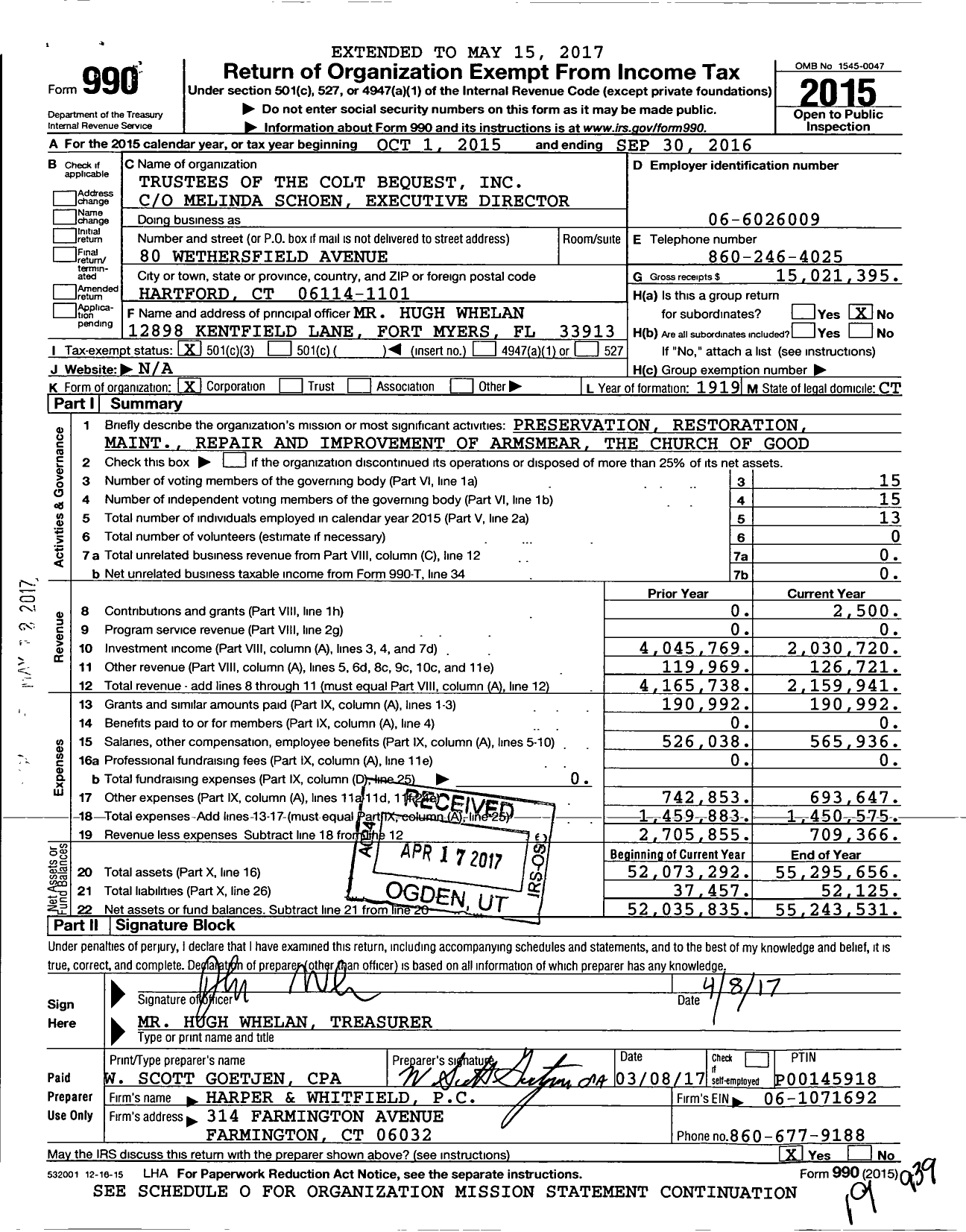 Image of first page of 2015 Form 990 for Trustees of Colt Bequest