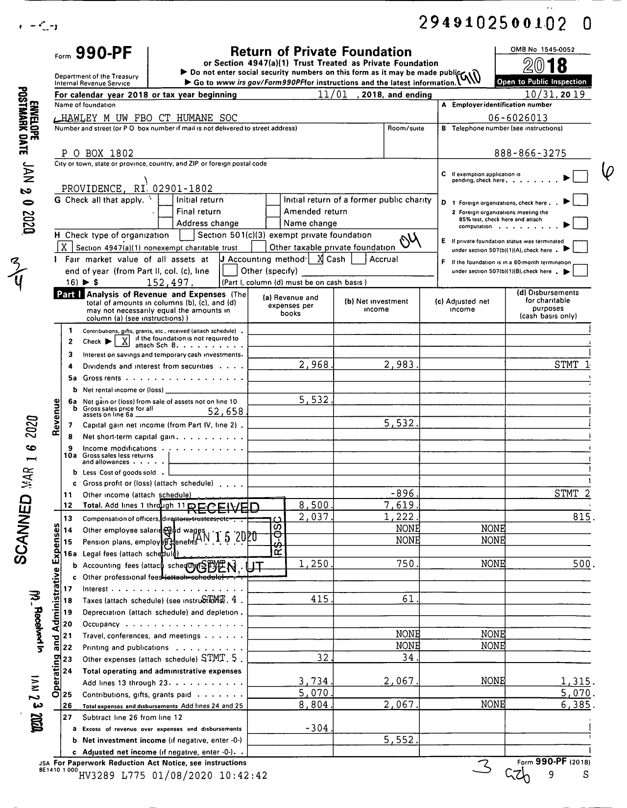 Image of first page of 2018 Form 990PR for Hawley M Uw Fbo CT Humane Soc