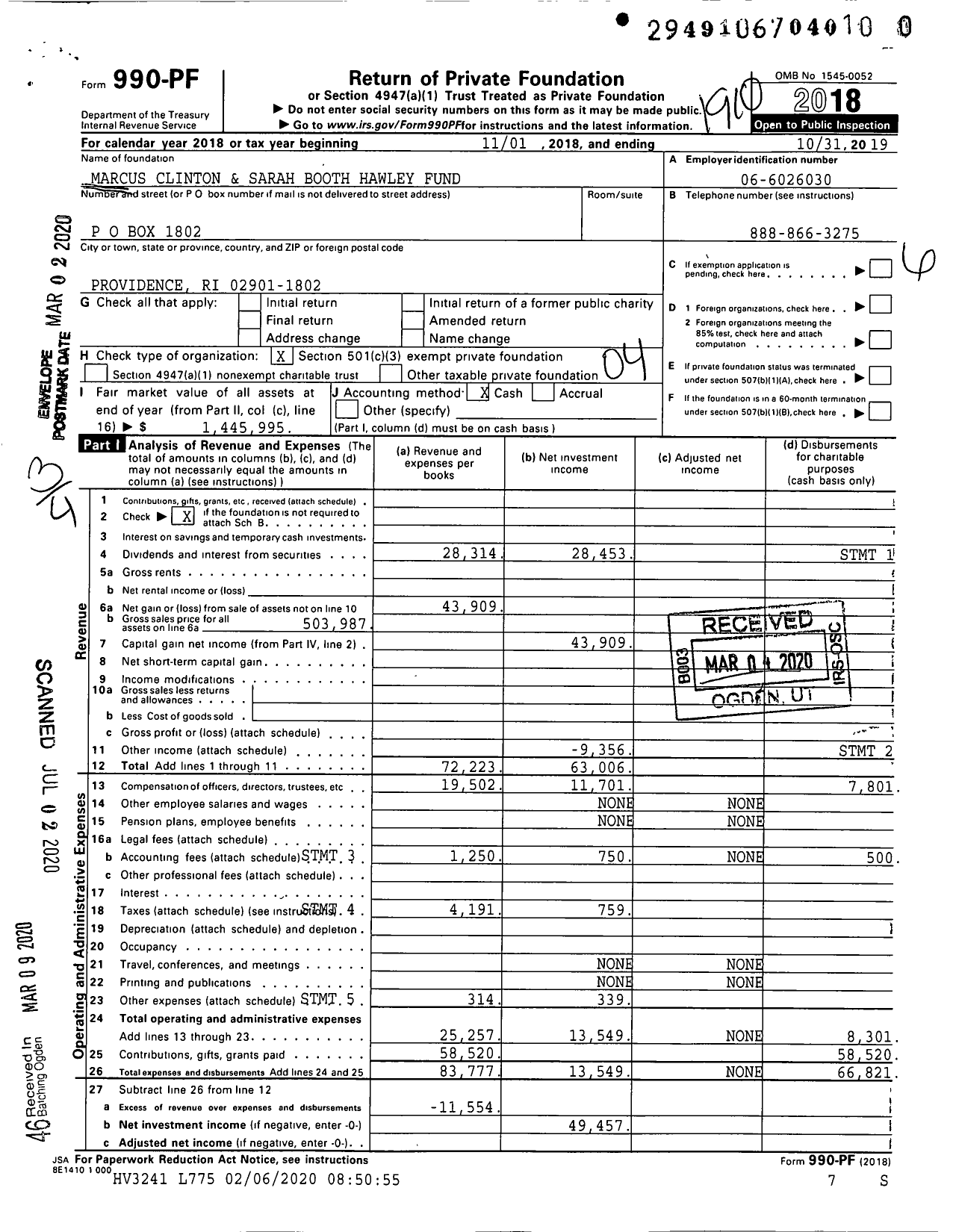 Image of first page of 2018 Form 990PR for Marcus Clinton and Sarah Booth Hawley Fund