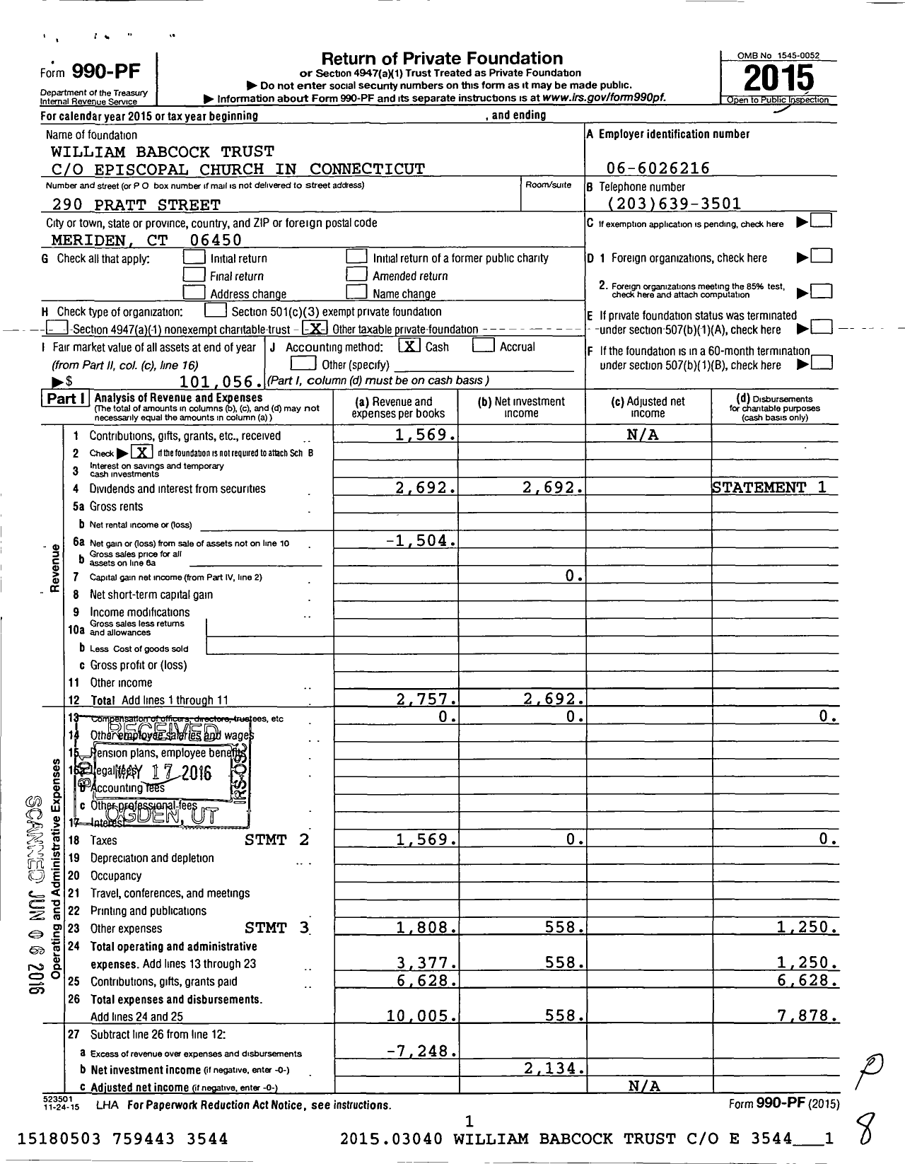 Image of first page of 2015 Form 990PF for William Babcock Trust