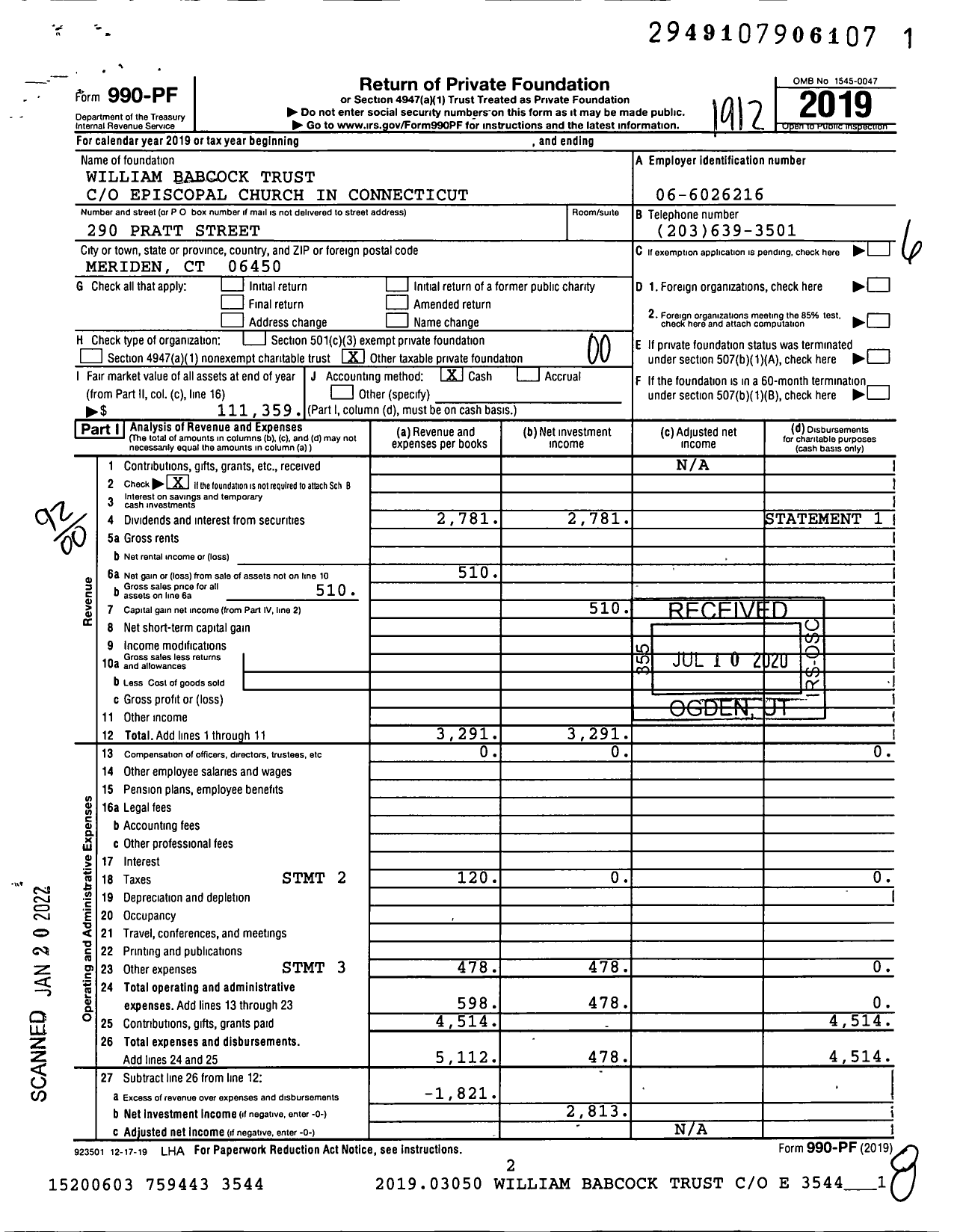 Image of first page of 2019 Form 990PF for William Babcock Trust