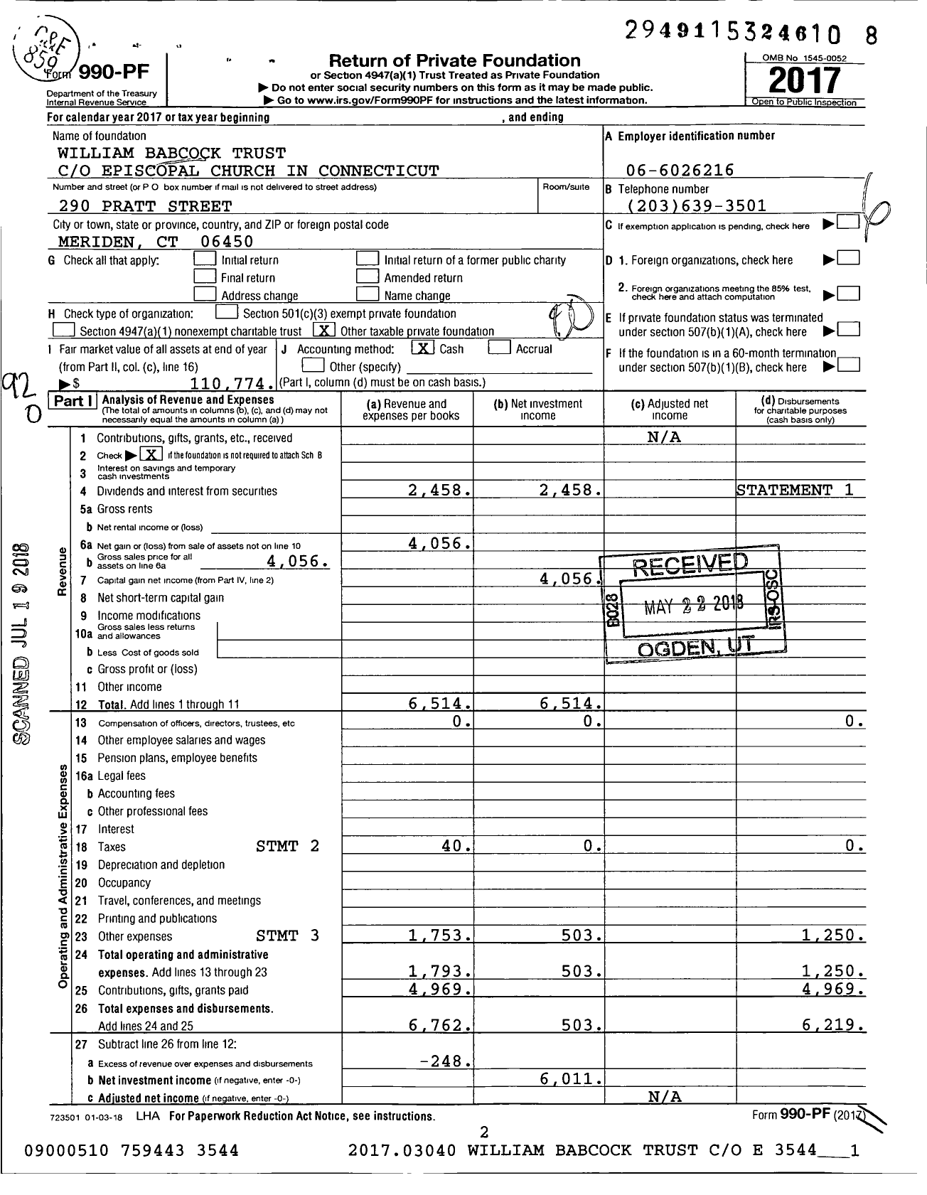 Image of first page of 2017 Form 990PF for William Babcock Trust