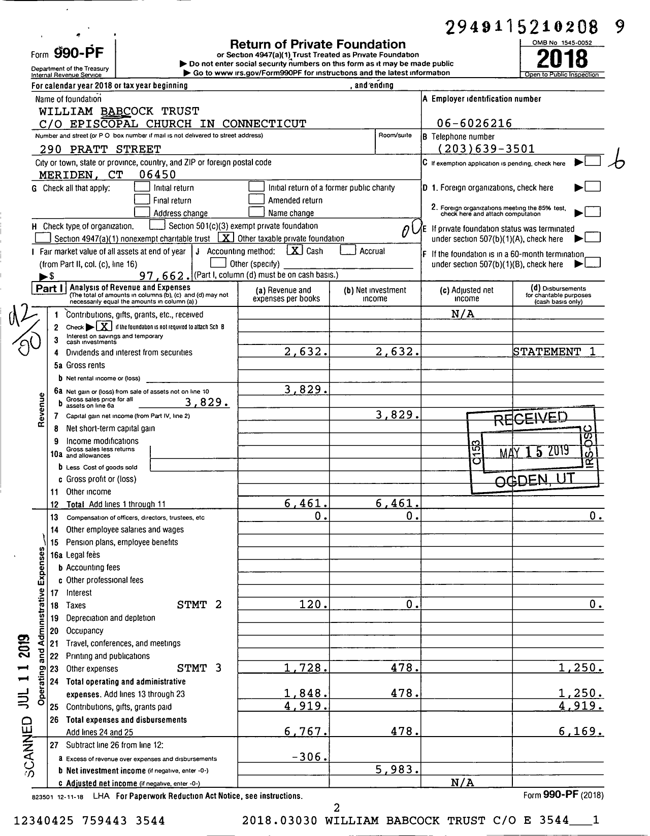 Image of first page of 2018 Form 990PF for William Babcock Trust