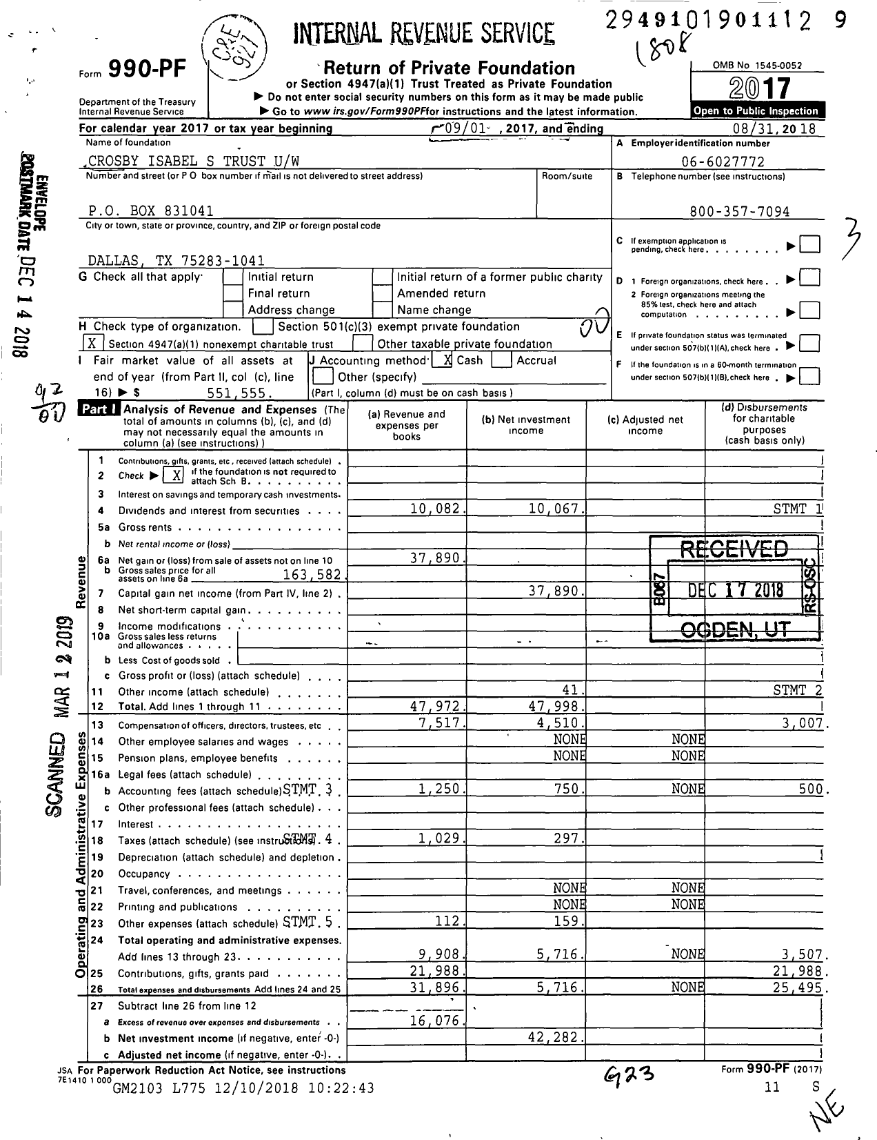 Image of first page of 2017 Form 990PF for Crosby Isabel S Trust Uw