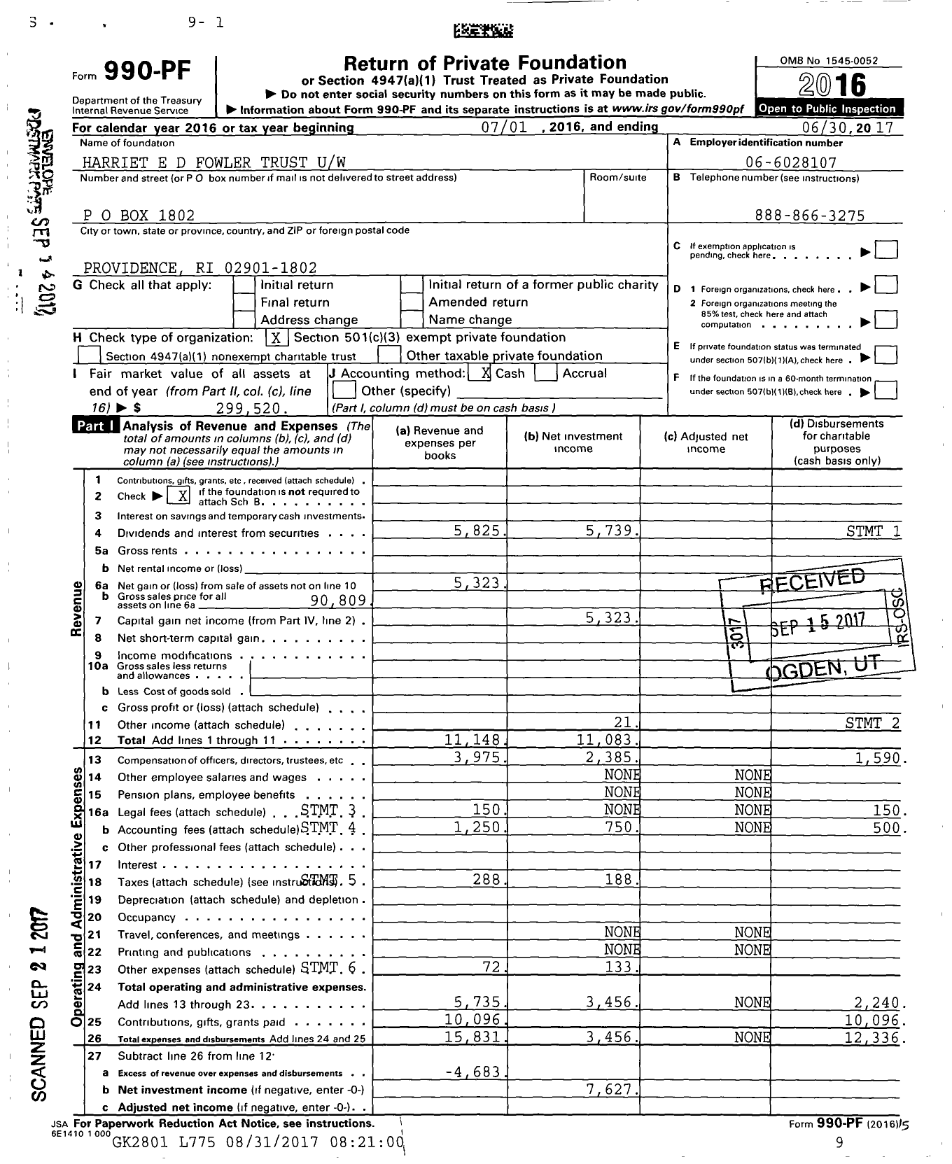 Image of first page of 2016 Form 990PF for Harriet E D Fowler Trust Uw