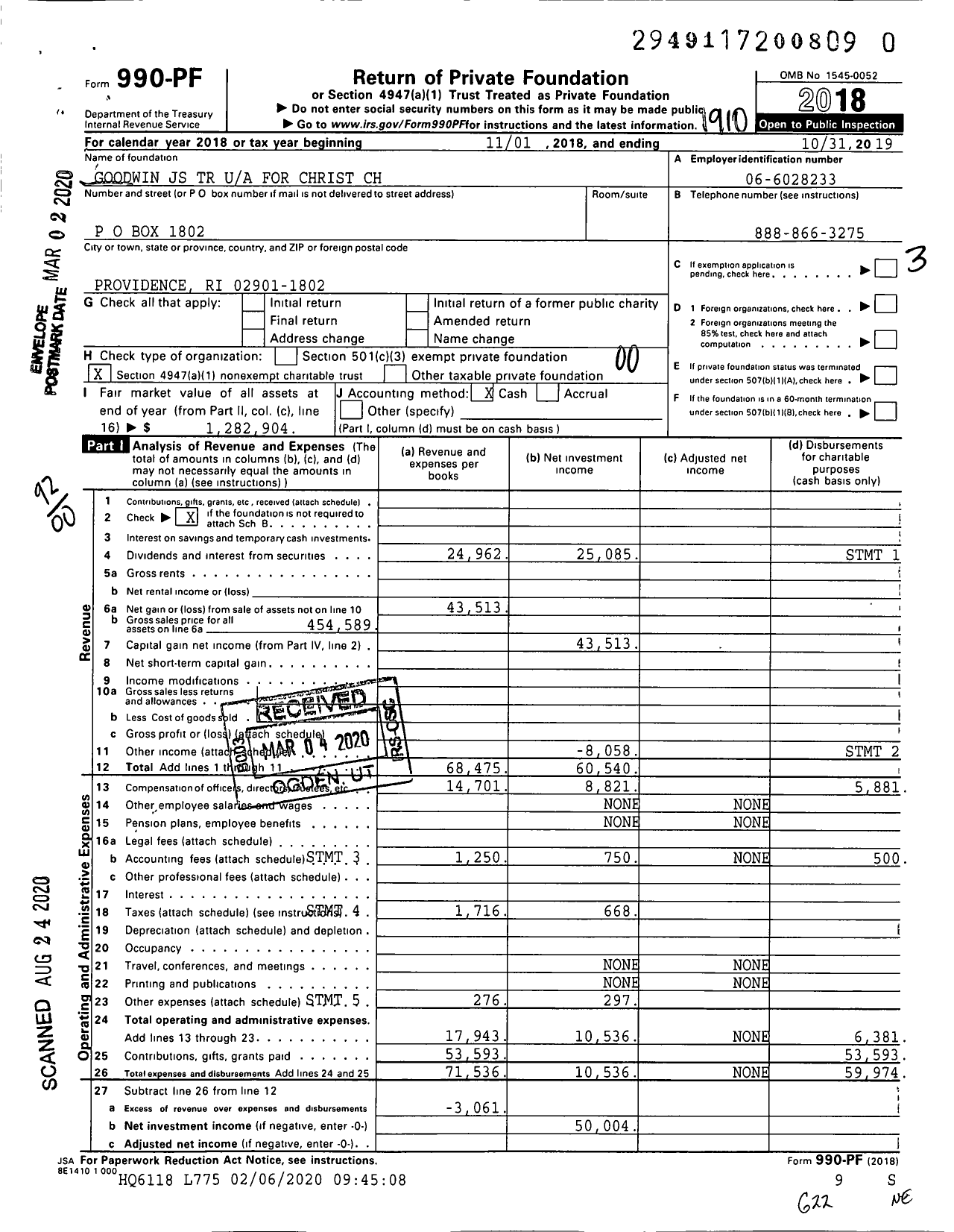 Image of first page of 2018 Form 990PR for Goodwin JS TR for Christ