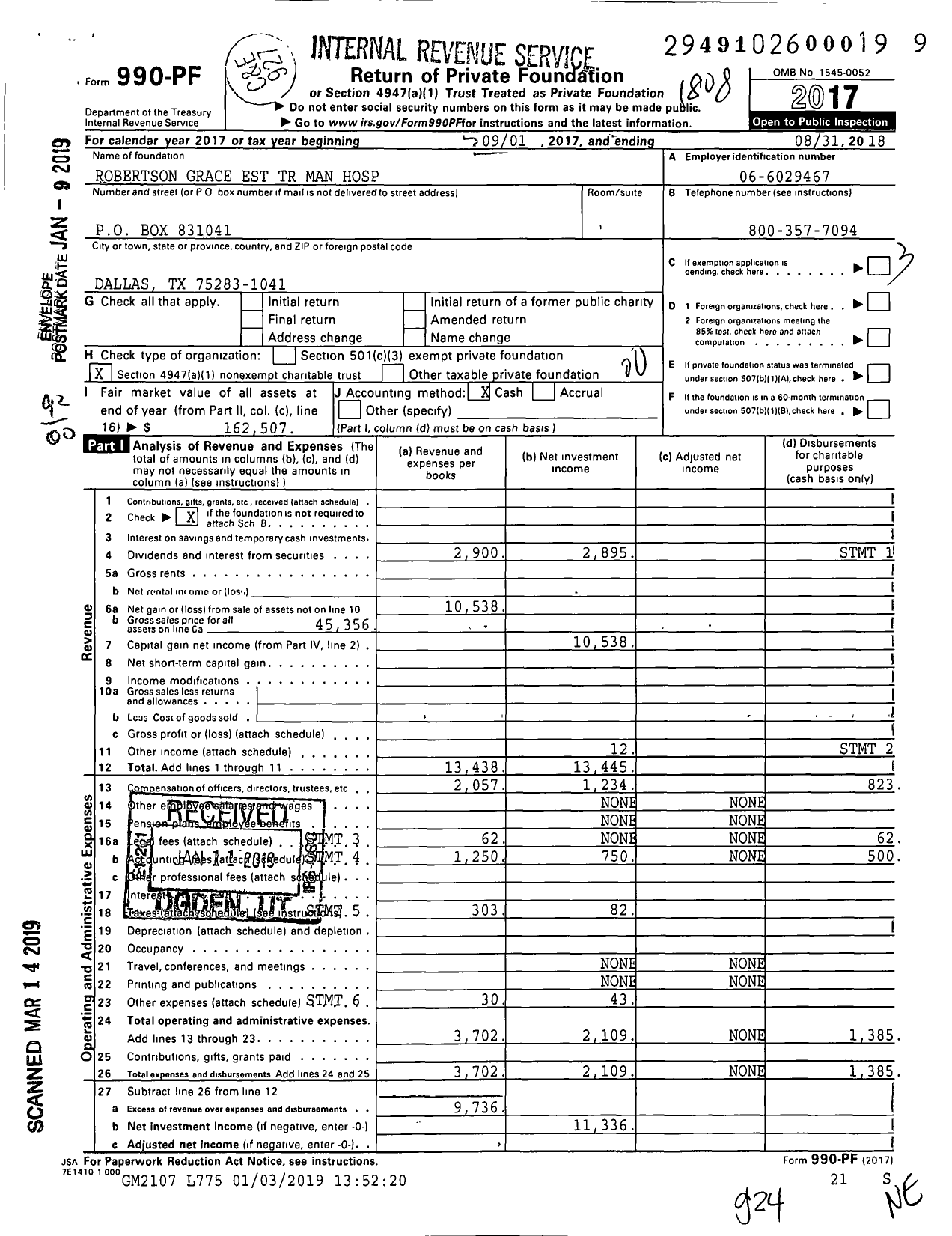 Image of first page of 2017 Form 990PF for Robertson Grace Est TR Man Hospital