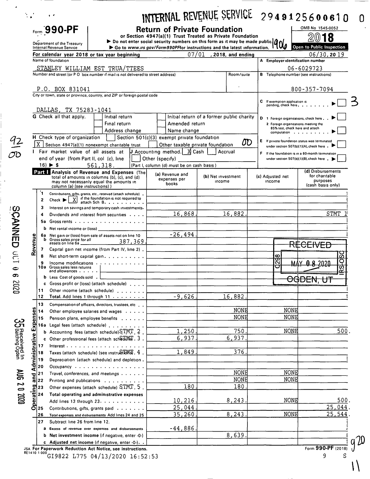 Image of first page of 2018 Form 990PR for Stanley William Est Truattees