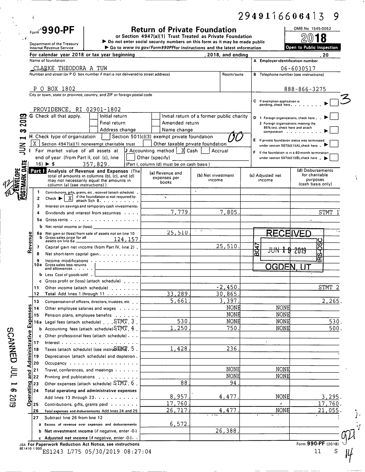 Image of first page of 2018 Form 990PF for Clarke Theodora A Tuw