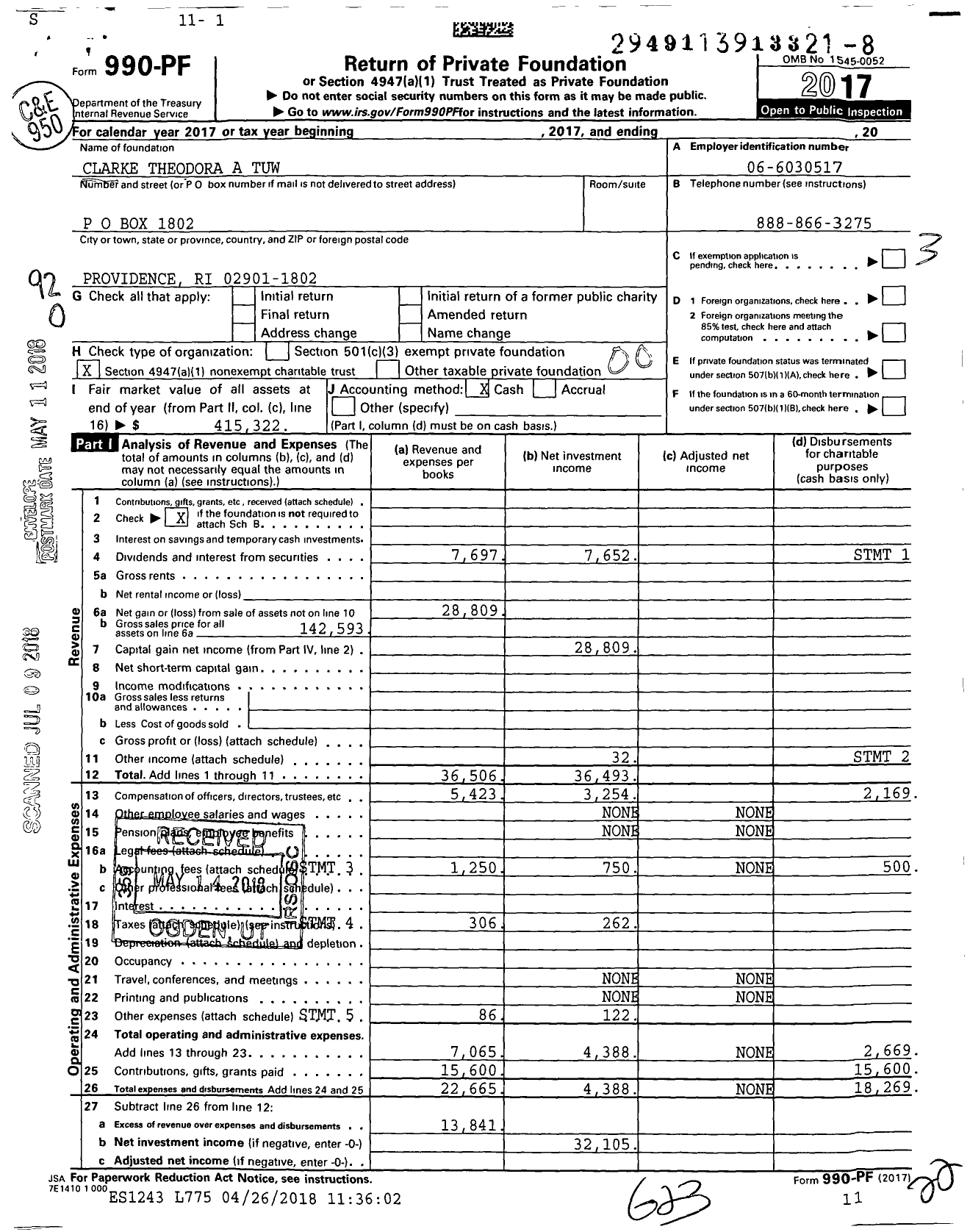 Image of first page of 2017 Form 990PF for Clarke Theodora A Tuw