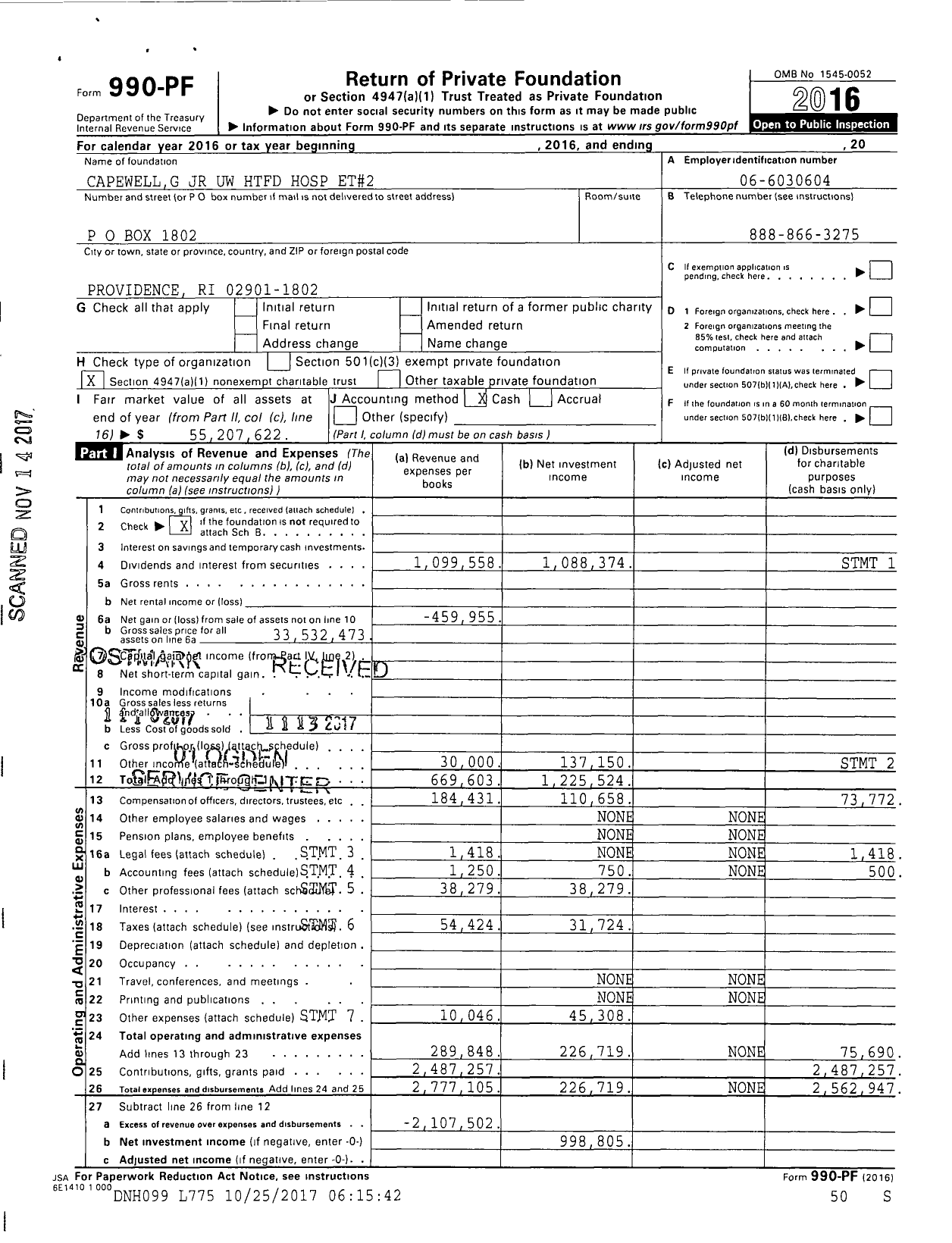 Image of first page of 2016 Form 990PF for Capewellg JR Uw HTFD Hospital Et#2